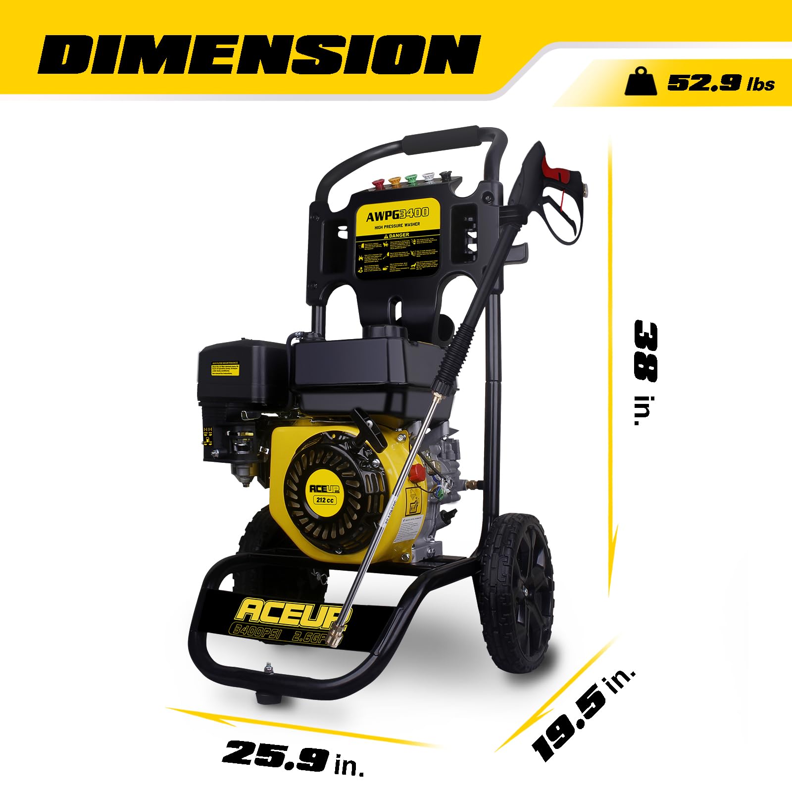 Aceup Energy 3400 PSI 2.6 GPM Gas Pressure Washer - Powerful Gas Powered Pressure Cleaner for Driveway, Deck, Fence & Outdoor Cleaning