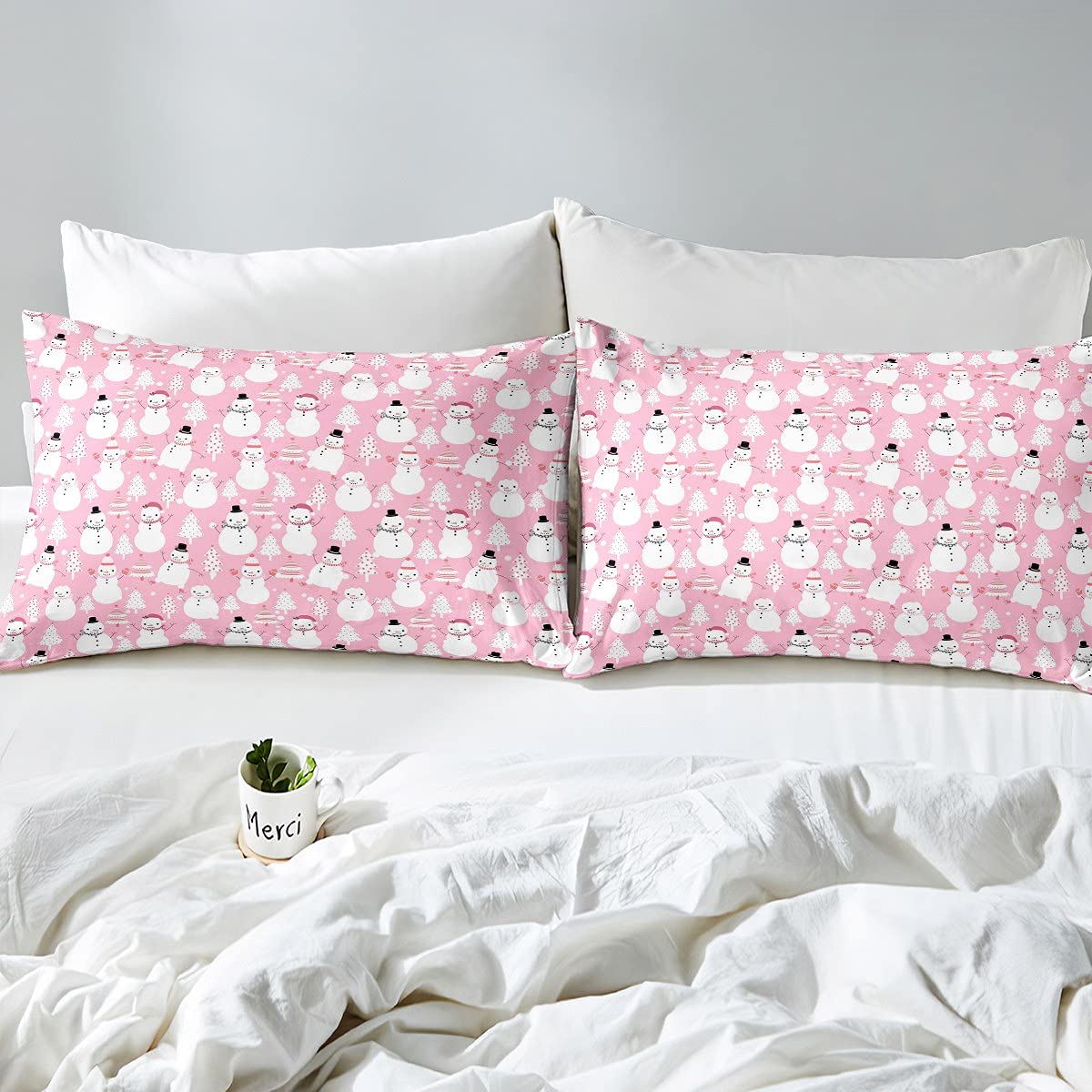 Cute Cartoon Snowman Duvet Cover Twin Set - Pastel Pink Merry Christmas Bedding for Kids & Girls | Snowflake Quilt Cover with Christmas Tree Design | Perfect for Holiday Decor, Winter Bedroom & Xmas Gift