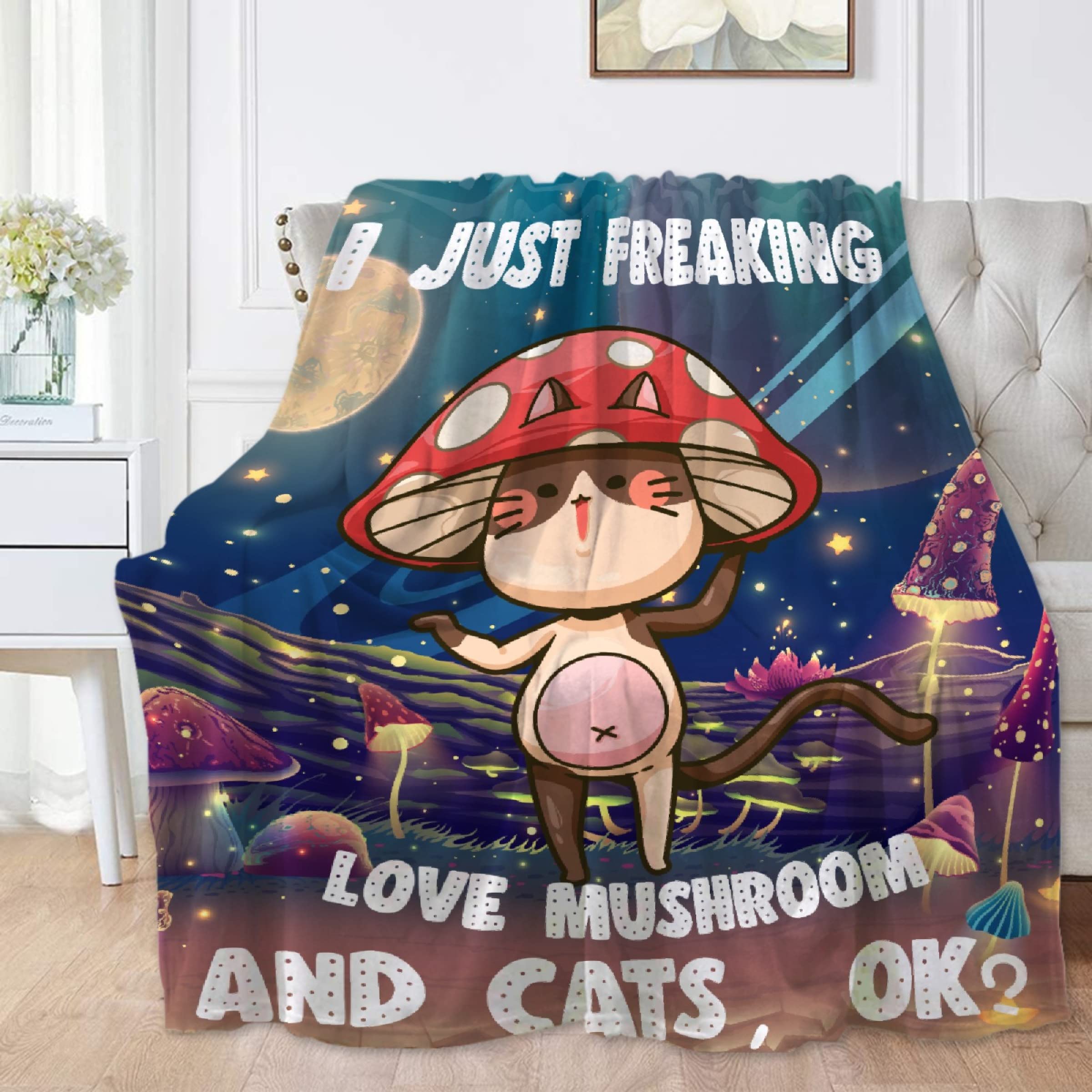 I Just Freaking Love Mushroom and Cats - Soft Flannel Plush Blanket, Cozy Fuzzy Throw for Nap, Bed, Couch - Non-Shedding 90