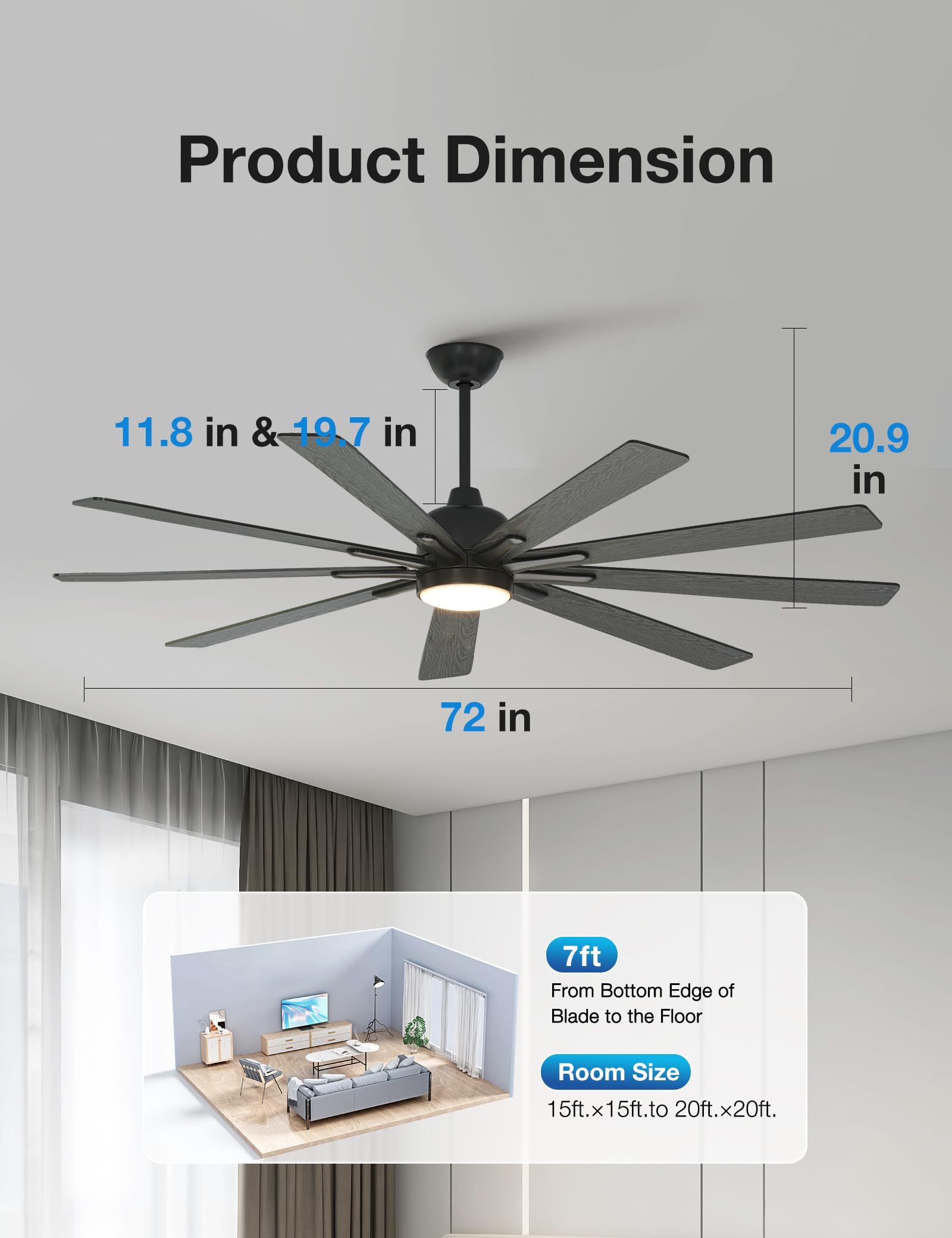 72-Inch Warmiplanet Ceiling Fan with Lights & Remote - Silent Reversible DC Motor, 6 Speeds, Dimmable 3-Color LED, Timer, 9 Black Blades - Perfect for Living Room, Bedroom & Outdoor Spaces
