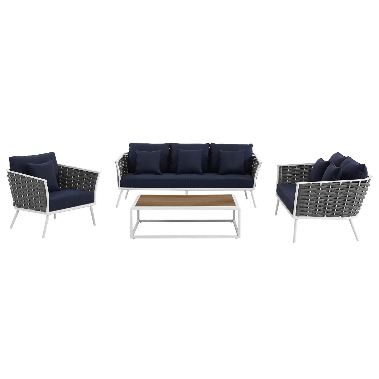 Modern Contemporary Outdoor Patio Lounge Chair Set with Sofa & Table - Aluminum Frame & White Navy Fabric - Perfect for Backyard, Poolside & Garden Relaxation