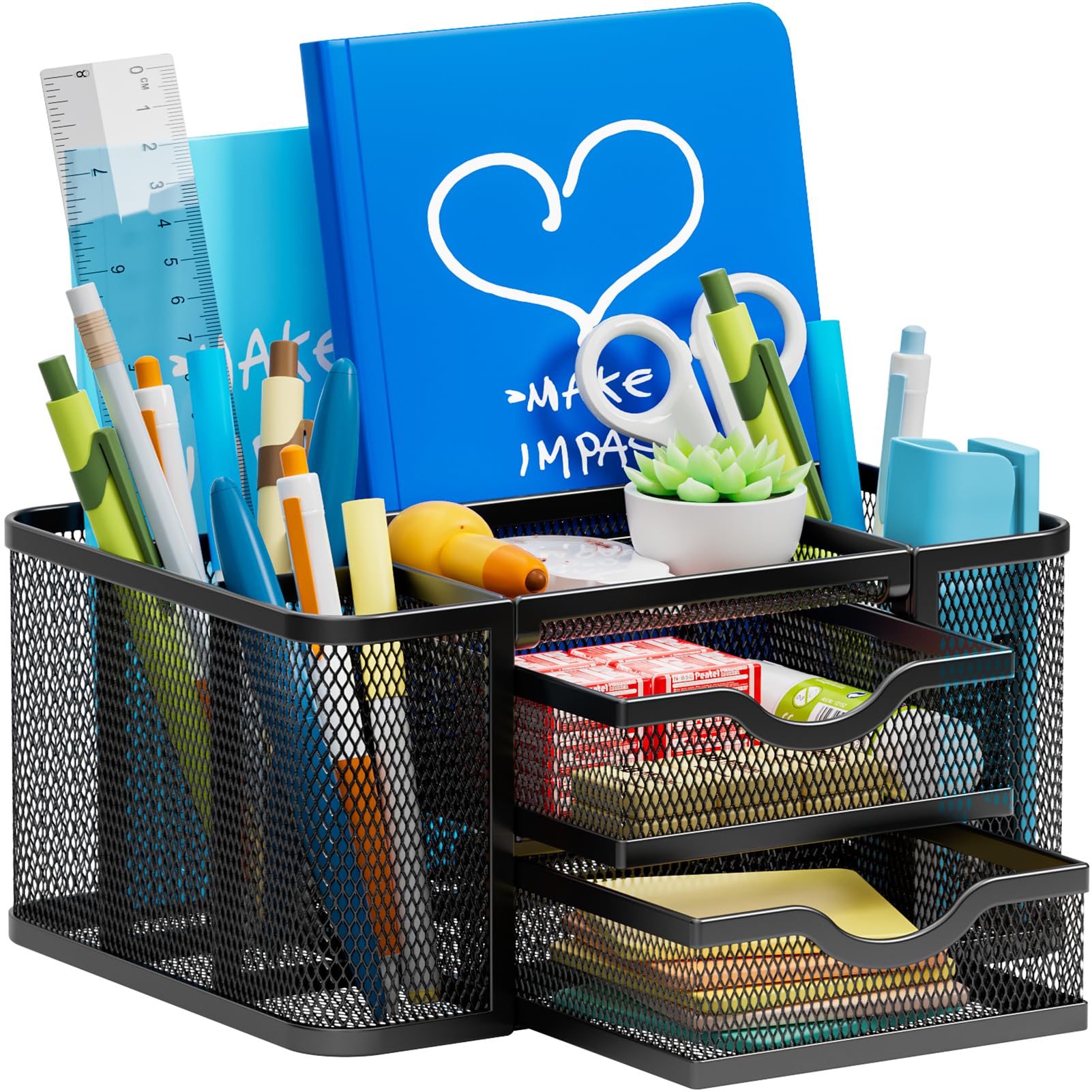 Marbrasse Mesh Desk Organizer with 2 Drawers - Multi-Functional Pen & Pencil Holder for Office, School & Home - 5 Compartments Storage for Art Supplies, Stationery & Desk Accessories (Black) - Perfect for Workspace Organization & Decluttering