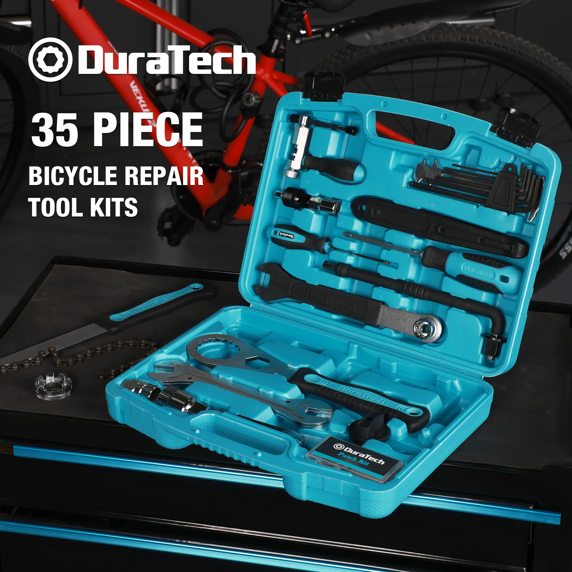 DURATECH Bike Repair Kit - 45-Piece Bicycle Tool Kit with Portable Carry Case for Tire, Brake, Chain & Pedal Maintenance - Essential Mountain & Road Bike Accessories - Perfect Gift for Cyclists (Men & Women) - Ideal for Trail Rides, Commuting & Emergency Roadside Repairs