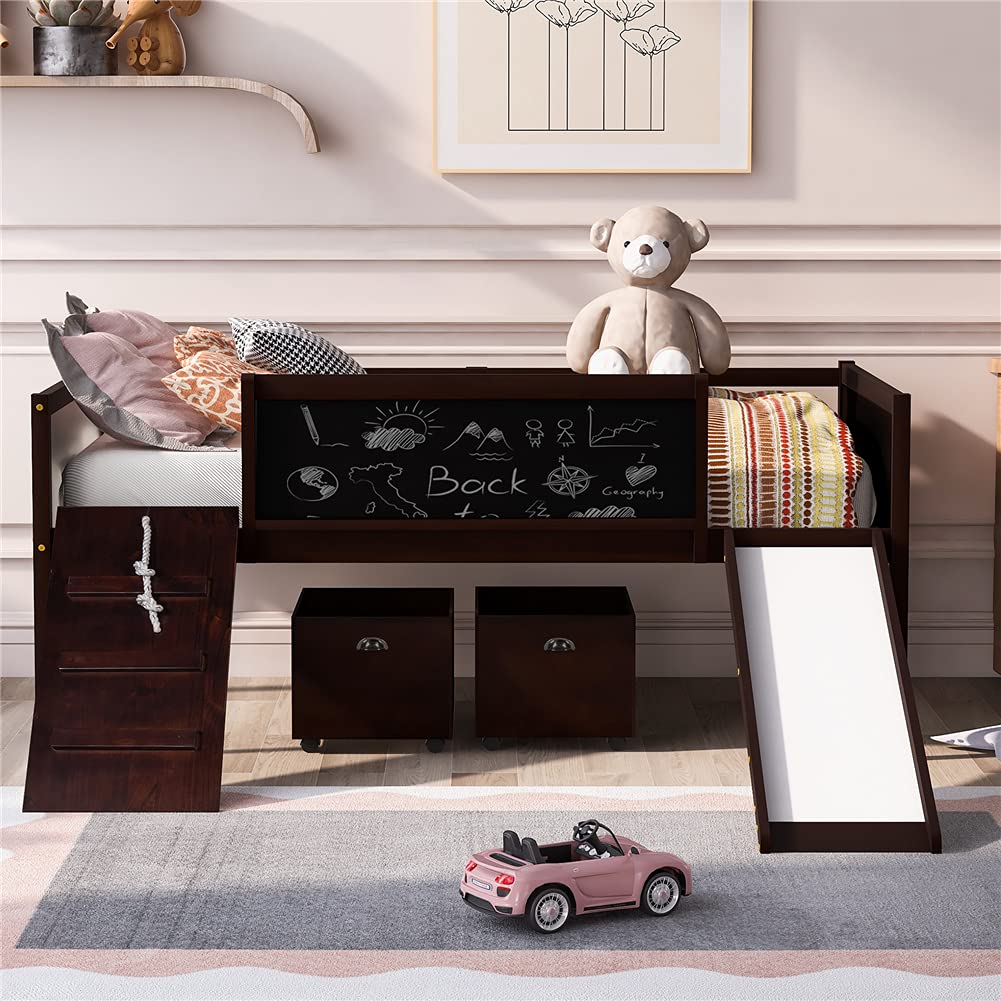 Twin Low Loft Bed with Slide & Double-Sided Chalkboard - Pinewood Bed Frame with Climbing Ladder & Guardrails - Kids Bedroom Furniture with Under-Bed Storage (Espresso) - Perfect for Small Spaces & Playful Bedrooms