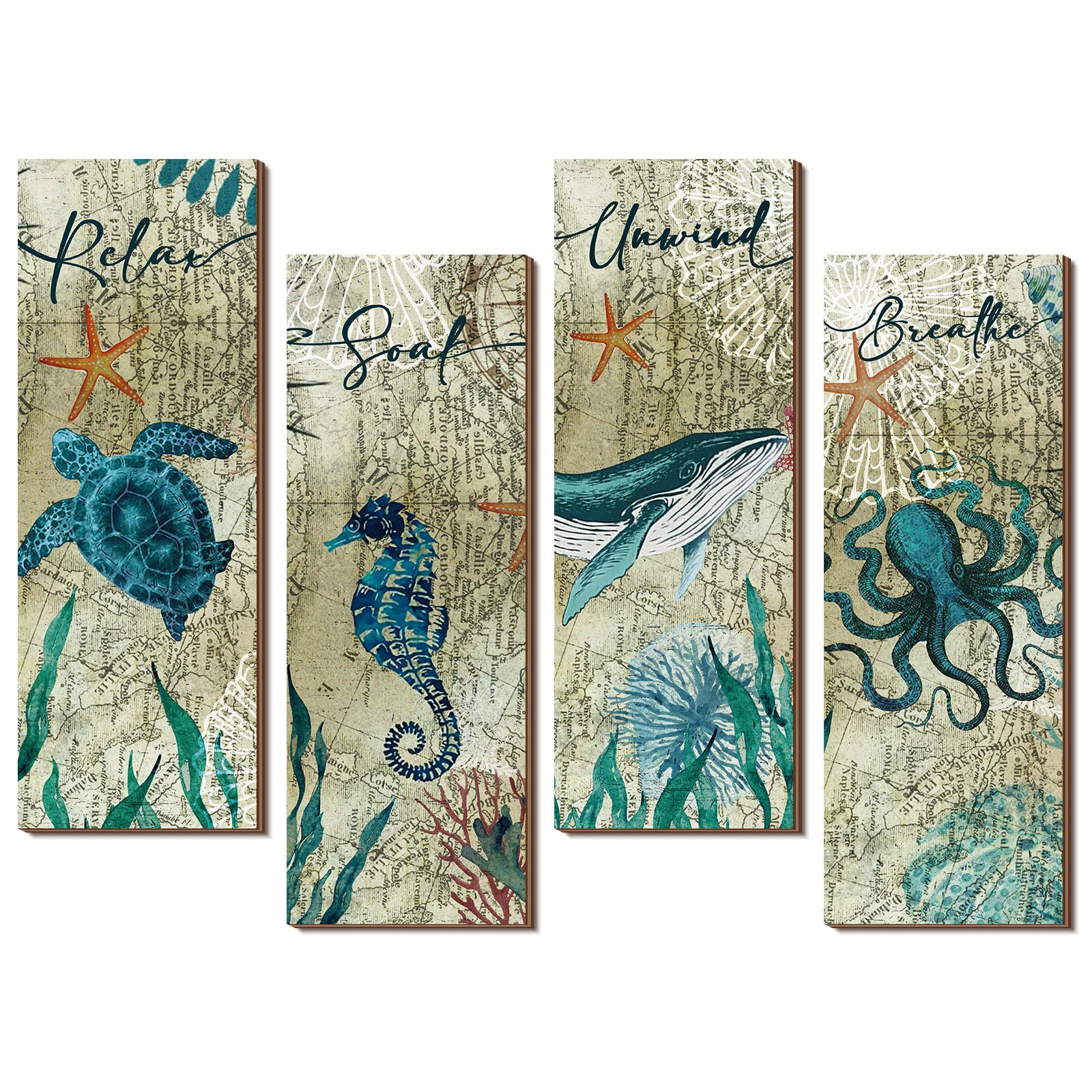 4-Piece Coastal Wall Art Set - Sea Turtle & Octopus Wooden Signs for Beach Bathroom Decor, Nautical Bedroom Pictures, Teal Kitchen Accessories | Perfect for Coastal, Ocean & Nautical Home Decor Themes