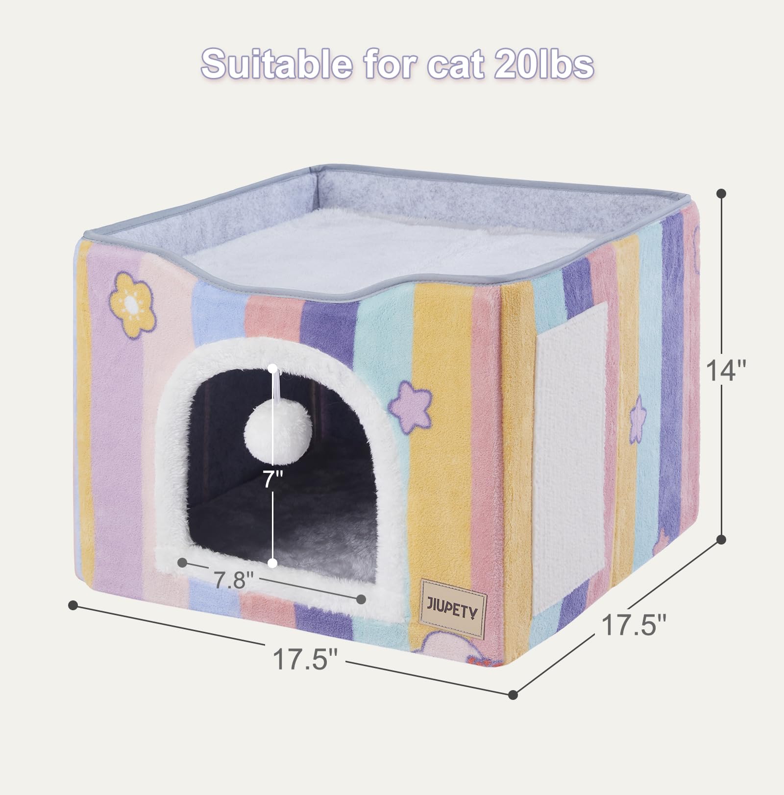 Jiupety Foldable Cat Bed for 2 Cats - Large Indoor Cat House with Scratch Pad & Toy Ball - 17in Pink Rainbow Cat Cave Cube for Hideaway - Perfect for Kittens, Multi-Cat Homes & Cozy Nap Spaces
