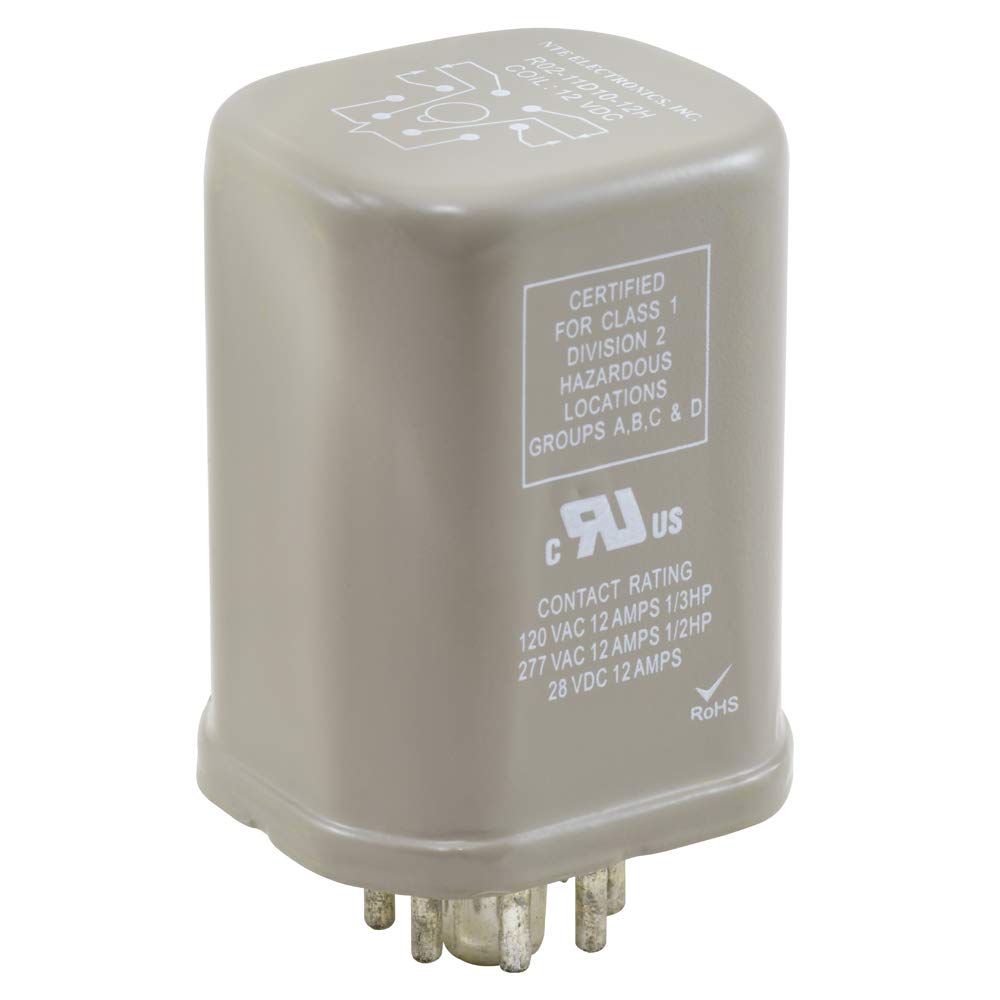 NTE Electronics R02-11D10-12H R02 Series DPDT Hermetically Sealed DC Relay - 10A 12VDC 8-Pin Octal Plug for Industrial Automation, HVAC Systems, and Power Control Applications