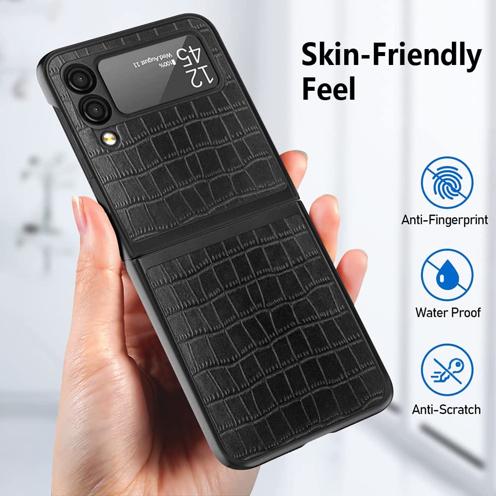 Samsung Galaxy Z Flip 3 Phone Case - Genuine Leather Slim Protective Cover with Crocodile Texture, Ultra Thin Shockproof Hard PC Shell (Brown) | Perfect for Business, Travel & Everyday Use