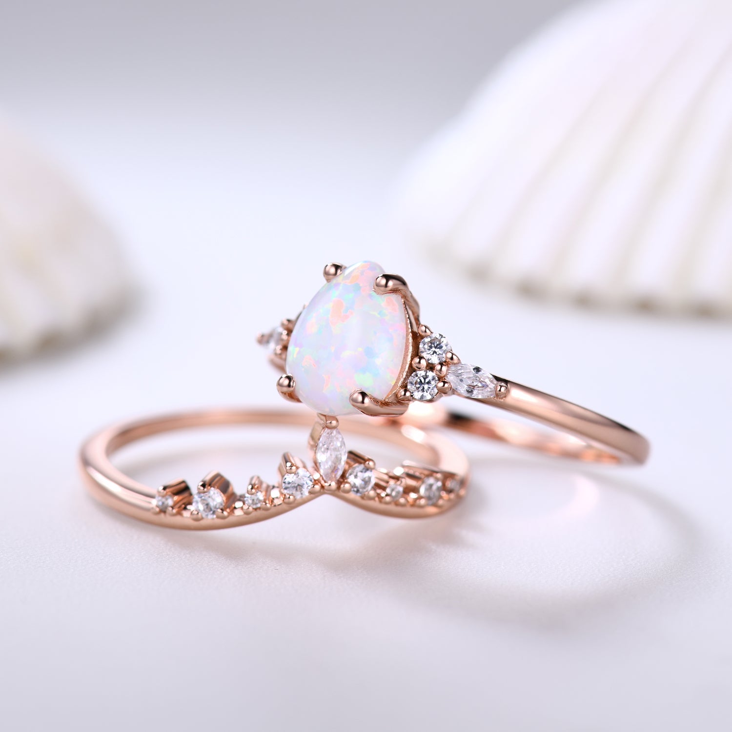 Pear Shaped Opal Bridal Ring Set with Moissanite Wedding Band - Chevron Crown Design for Engagement, Wedding & Anniversary Jewelry Gift