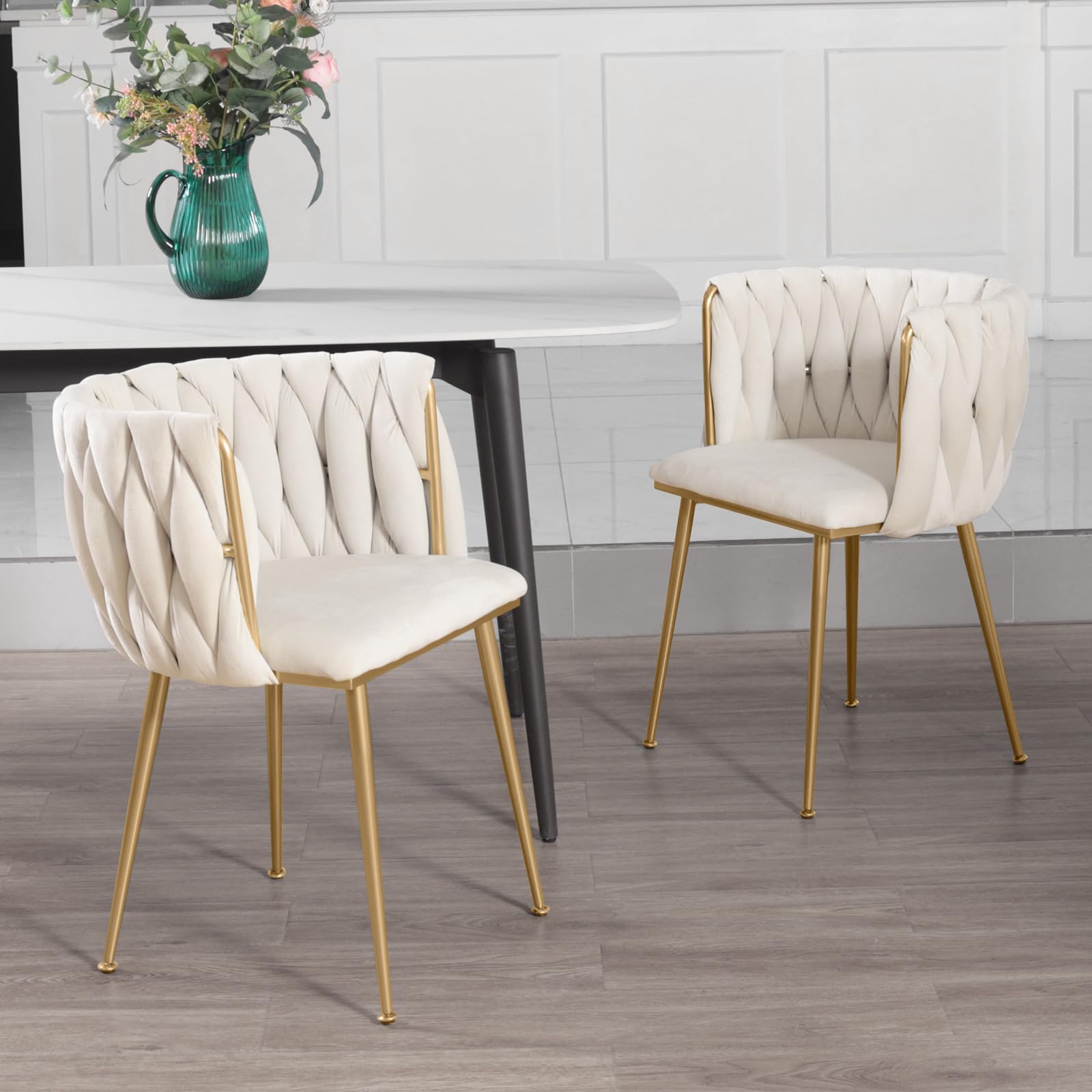 Luxury Velvet Dining Chairs Set of 2 - Modern Accent Chairs with Gold Metal Legs & Woven Upholstery for Living Room, Bedroom, Kitchen - Perfect for Home Decor, Dinner Parties & Cozy Seating