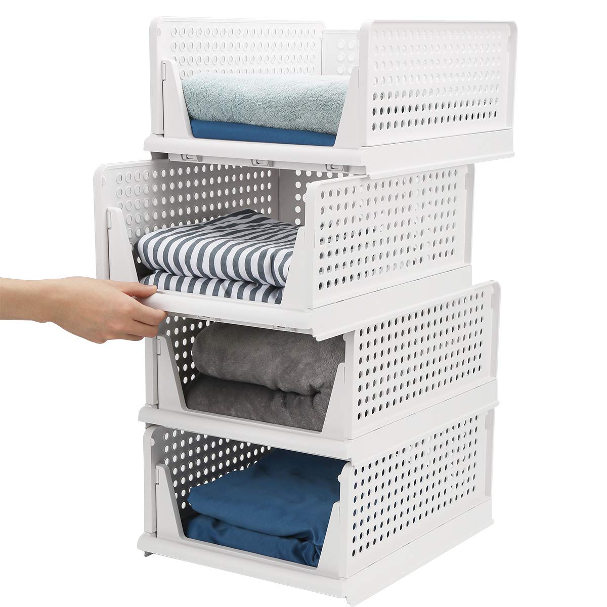 4-Pack Stackable Foldable Closet Organizer Bins - White Plastic Storage Boxes with Easy Open & Fold Design, Drawer-Style Pull Out for Wardrobe, Shelves, Home, Bedroom & Kitchen Organization | Perfect for Clothes, Toys, Pantry Items & Household Storage
