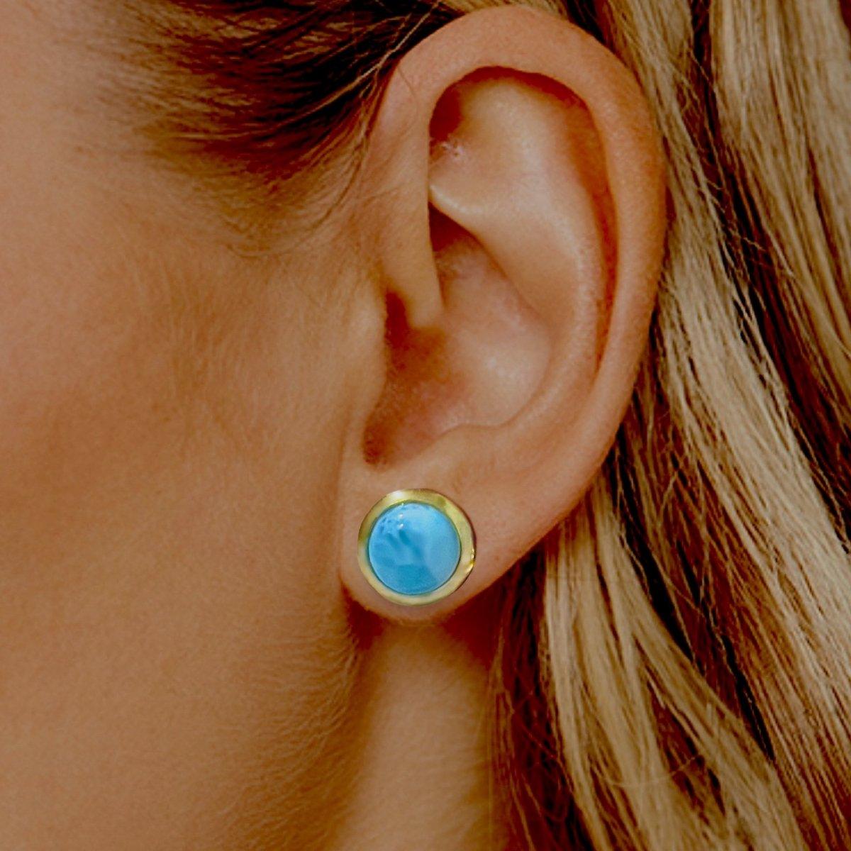 14K Gold Larimar Stud Earrings - Classic Round Gemstone Jewelry for Women - Perfect for Everyday Wear & Special Occasions
