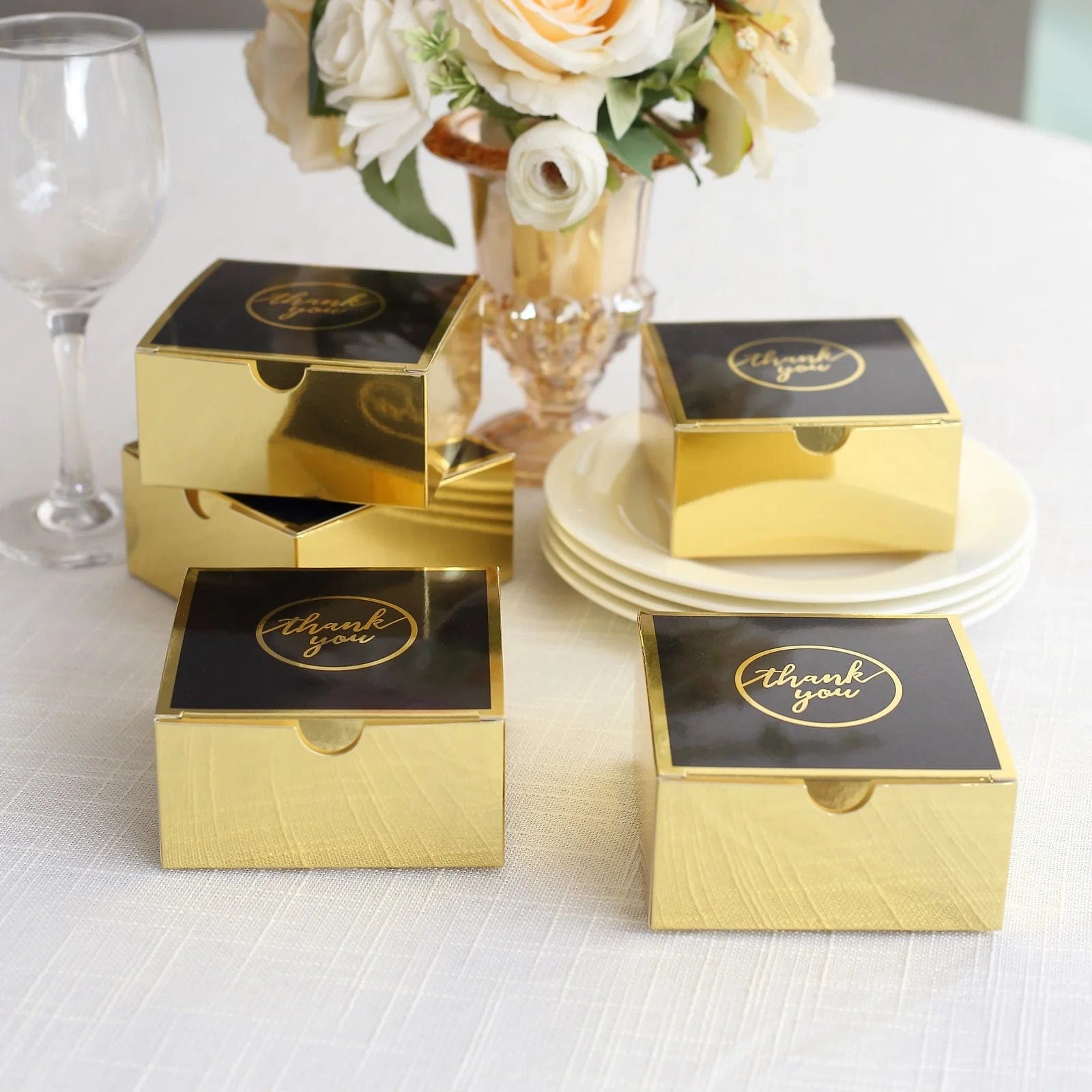 25 Pack 4x4 Inch Square Favor Boxes with Thank You Print - Gold and Black Gift Holders for Weddings, Parties & Special Events
