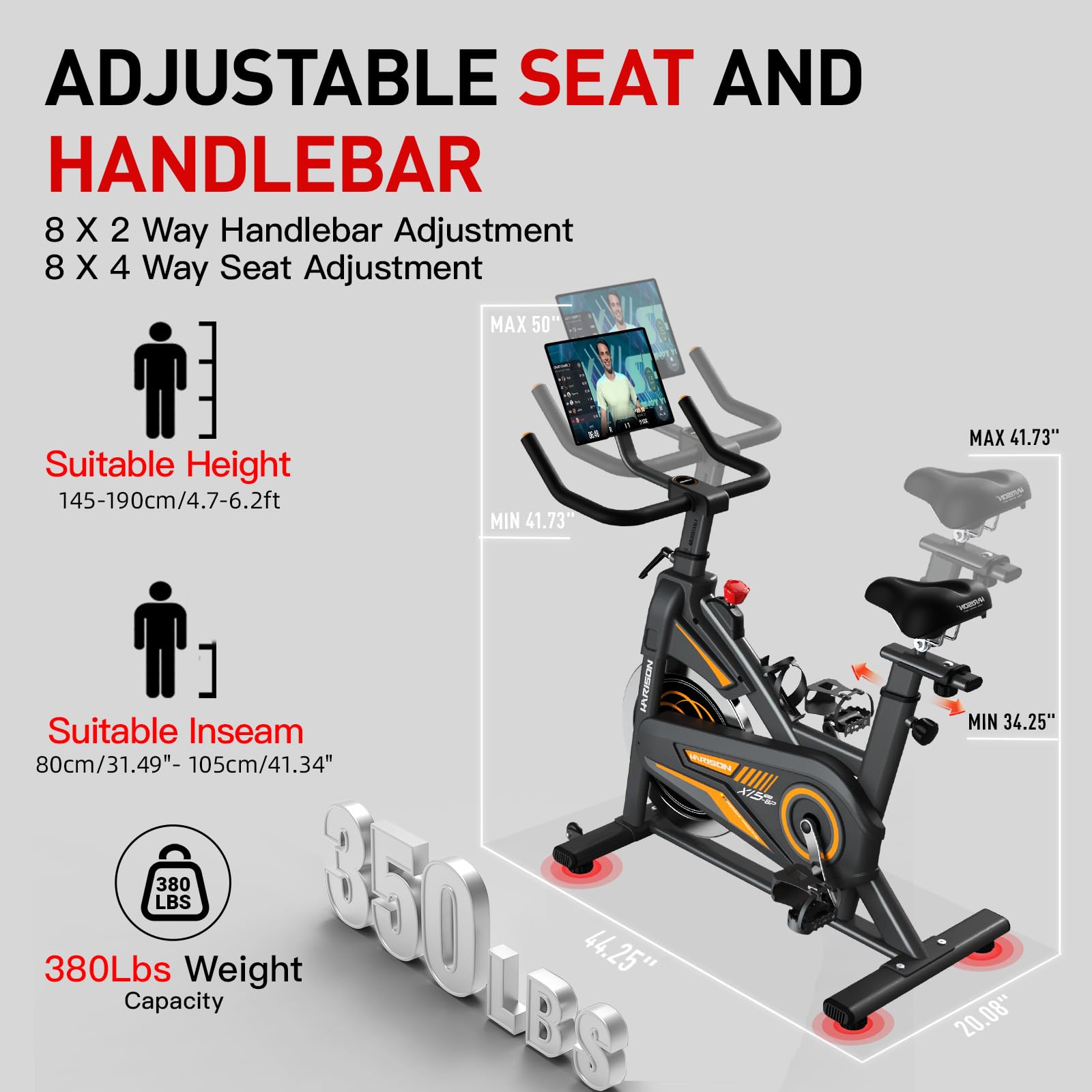 HARISON Magnetic Exercise Bike for Home - 350 lb Weight Capacity, Bluetooth App Connectivity, Adjustable Seat Cushion & Tablet Mount - Perfect for Indoor Cycling Workouts, Cardio Training, and Home Gym Fitness
