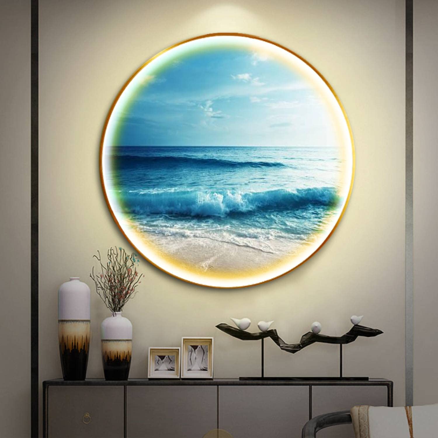 Modern Round Wall Sconce Lighting - Sunset on Seychelles Beach Plug-in Bedside Lamp for Bedroom & Living Room Decor | Perfect for Ambient Lighting and Wall Accent