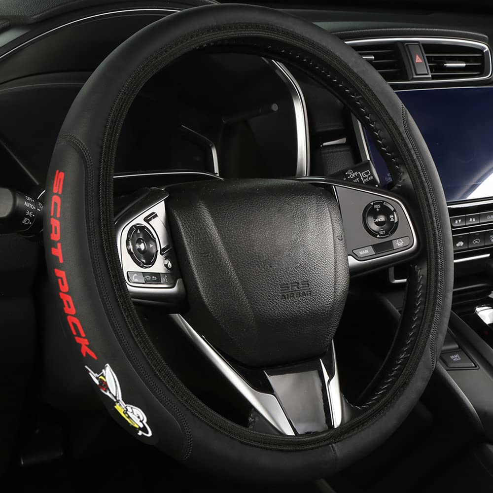 Premium Genuine Leather Steering Wheel Cover for Dodge Scat Pack Charger & Challenger - Universal Fit, Non-Slip Grip & Heat Protection - Perfect for Daily Commute & Road Trips