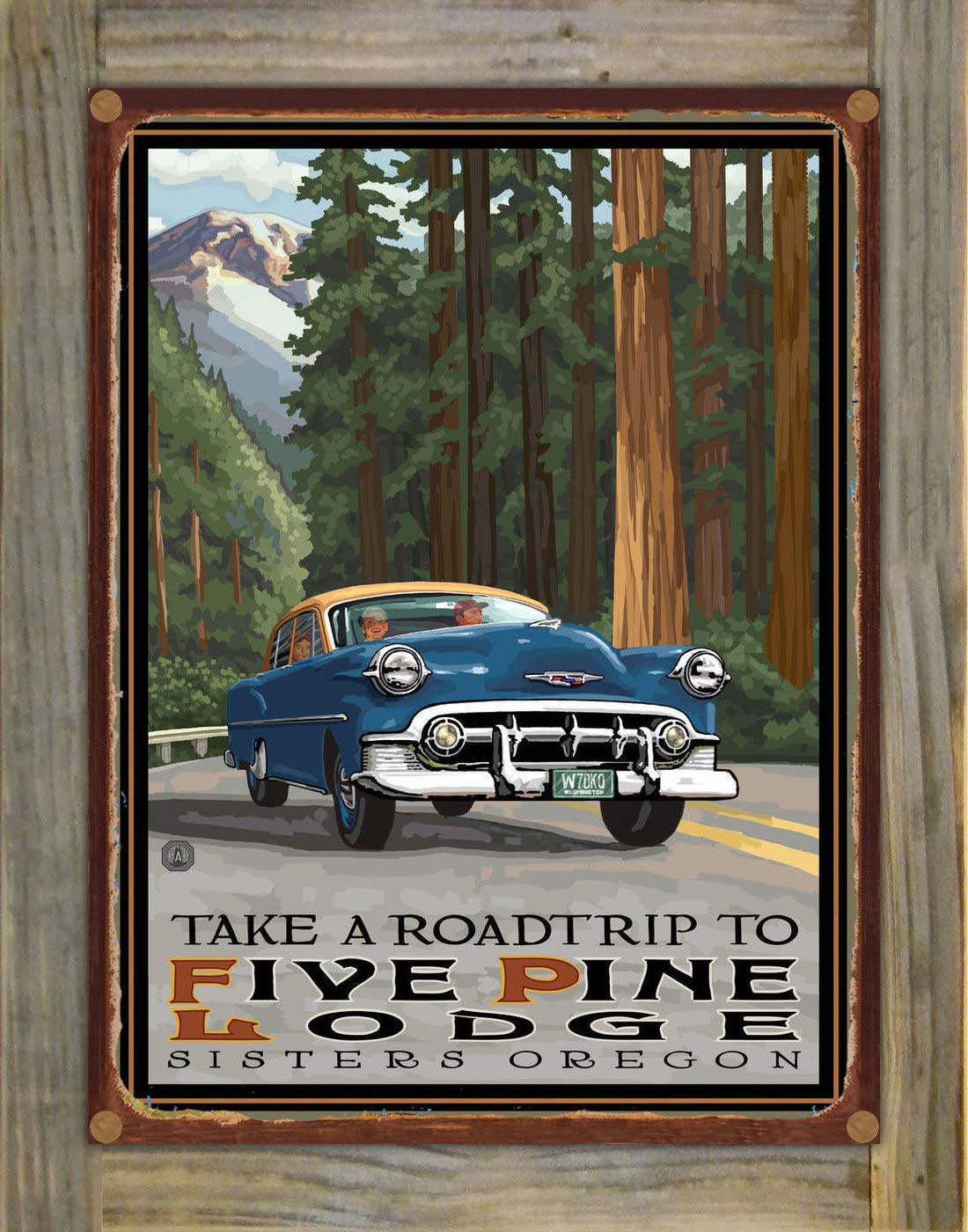 Rustic Metal Print on Reclaimed Barn Wood - Northwest Art Mall Five Pine Lodge Sisters Oregon Road Trip Woods Wall Art by Artist Paul A. Lanquist 8.5