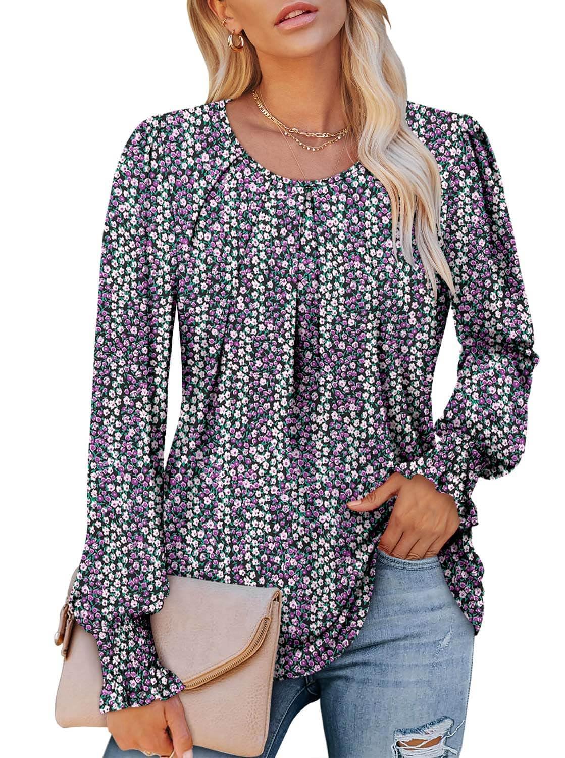 ONLYSHE Women's Long Sleeve Crewneck T-Shirt - Casual Flowy Ruffle Tunic Blouse for Fall | Perfect for Work, Date Night & Everyday Wear