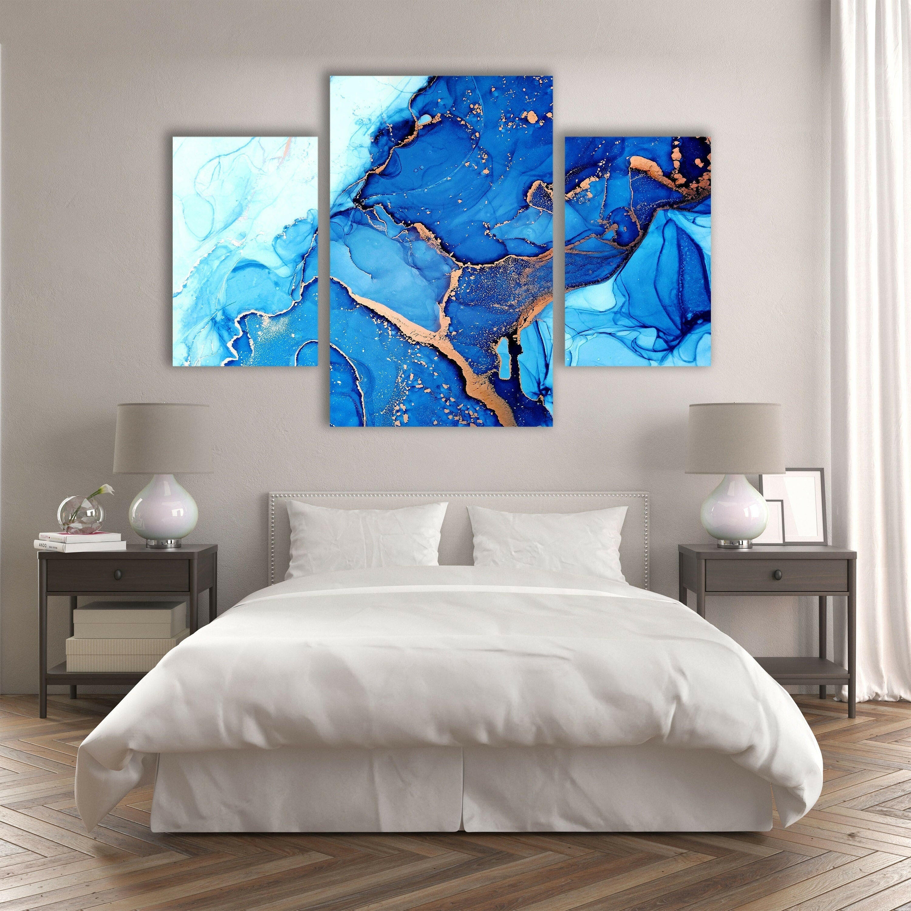 Blue Alcohol Ink Marble Abstract Glass Wall Art - Handmade Modern Home Decor for Living Room, Bedroom & Office