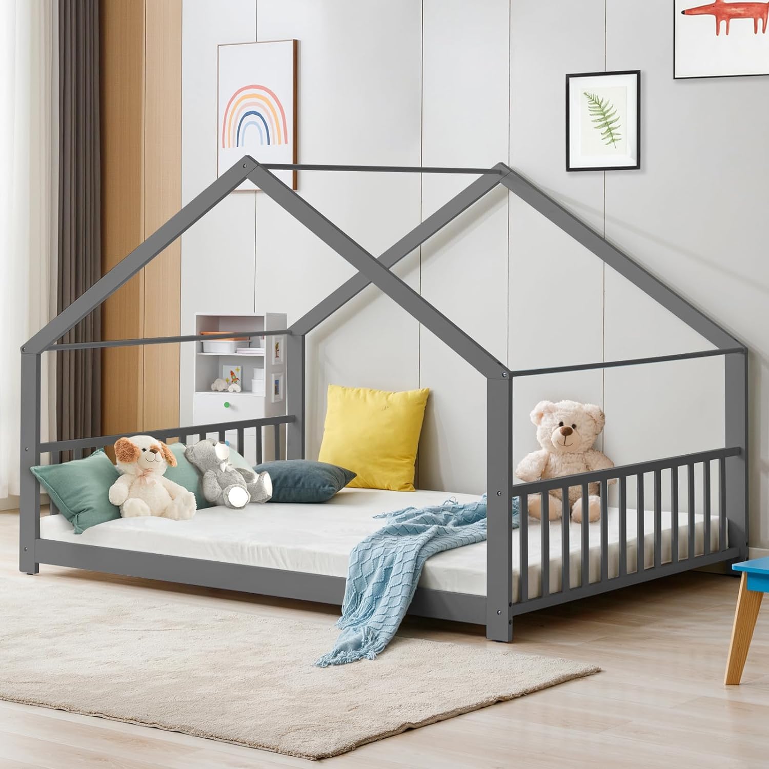 Montessori Floor Bed Full Twin Size - Solid Wood House Bed with Headboard & Footboard, No Box Spring Needed, Playhouse Toddler Bed Frame for Boys & Girls (Grey) - Perfect for Montessori Rooms, Kids Bedrooms & Play Areas