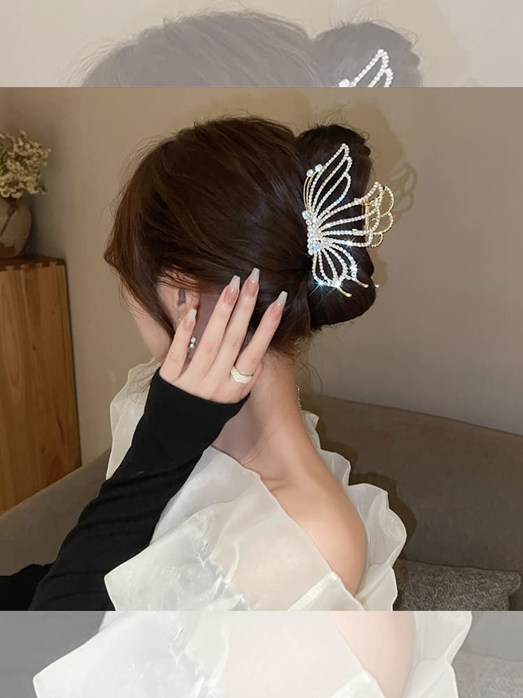 EPARTY - Large Butterfly Hair Clips for Women, Gold Metal Non-Slip Rhinestone Jaw Clips for Thick & Thin Hair - Perfect for Parties, Weddings & Everyday Styling