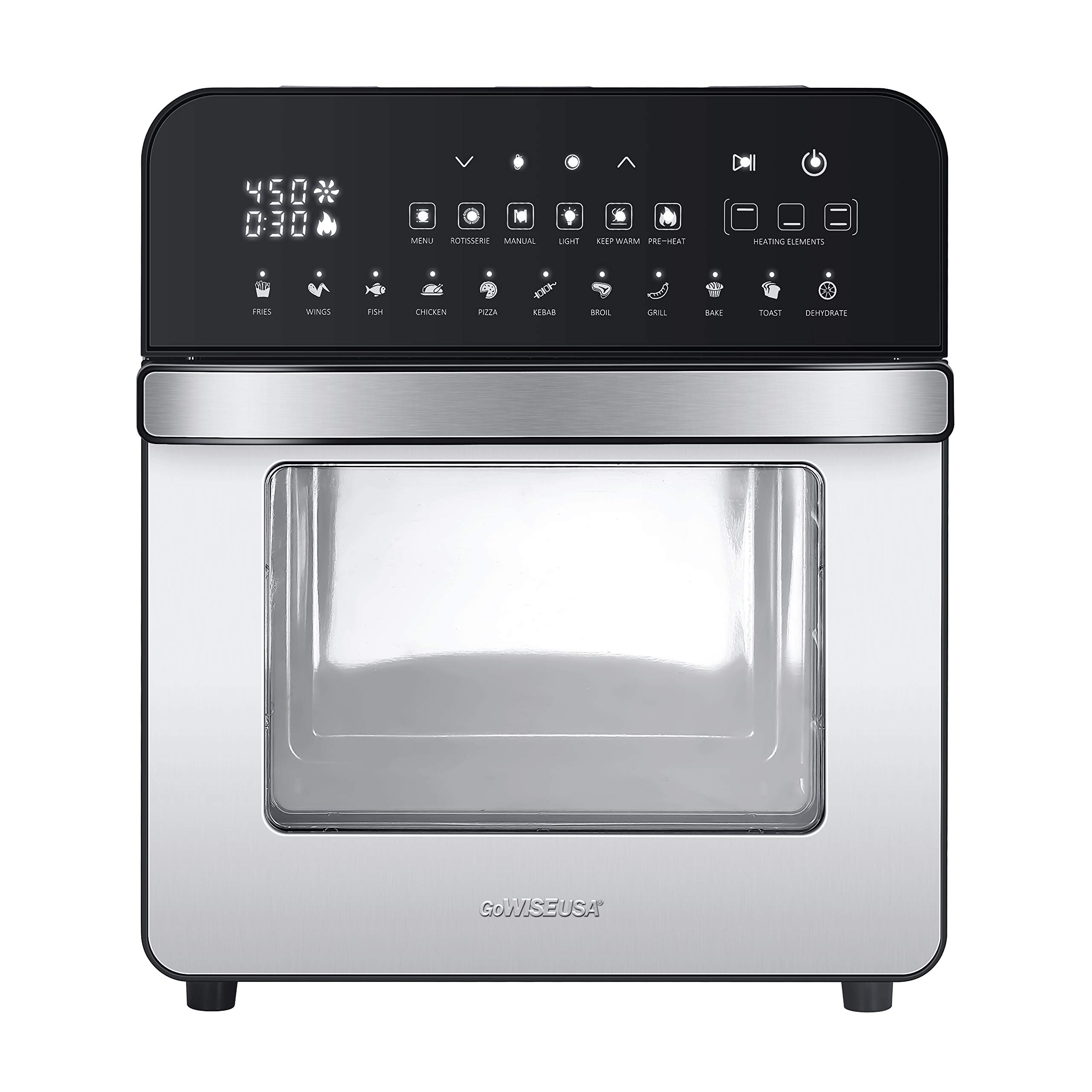 GoWISE USA 14.7-Quart Air Fryer Grill with Dual Heating Elements - 11-in-1 Oven with Rotisserie, Dehydrator, Preheat & Broil Functions - Includes 11 Accessories & 2 Recipe Books (Stainless Steel/Black) - Perfect for Healthy Cooking, Family Meals & Party Snacks