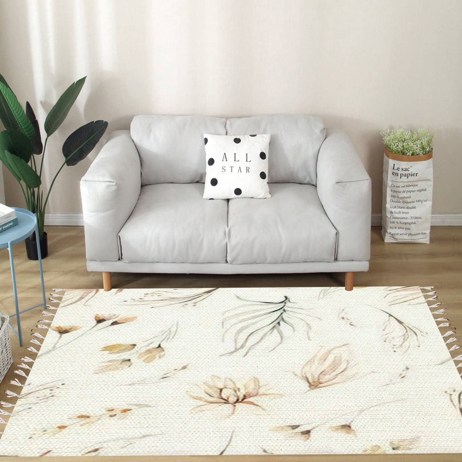 Boho Area Rug with Watercolor Savanna Gold Flowers - Linen Cotton Blend Washable Carpet for Meditation, Hallway Runner & Accent Decor | Perfect for Bedroom, Bathroom, Nursery & Bohemian Home Decor