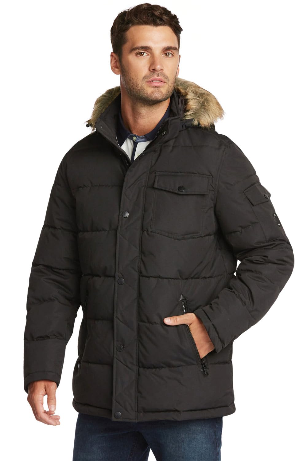 Nautica Men's Quilted Parka Jacket with Removable Faux Fur Hood - Winter Warm Waterproof Coat for Outdoor Activities, Hiking & Snow Sports