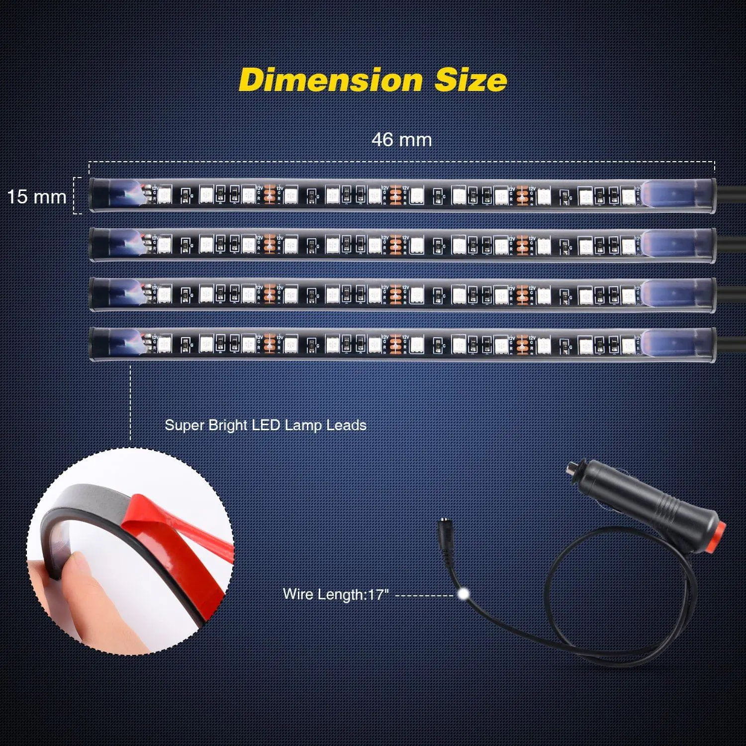 48 LEDs RGB Interior Car Light Strip with Remote Control - 4 Pack for Car, Truck, SUV, Van Interior Lighting & Decoration