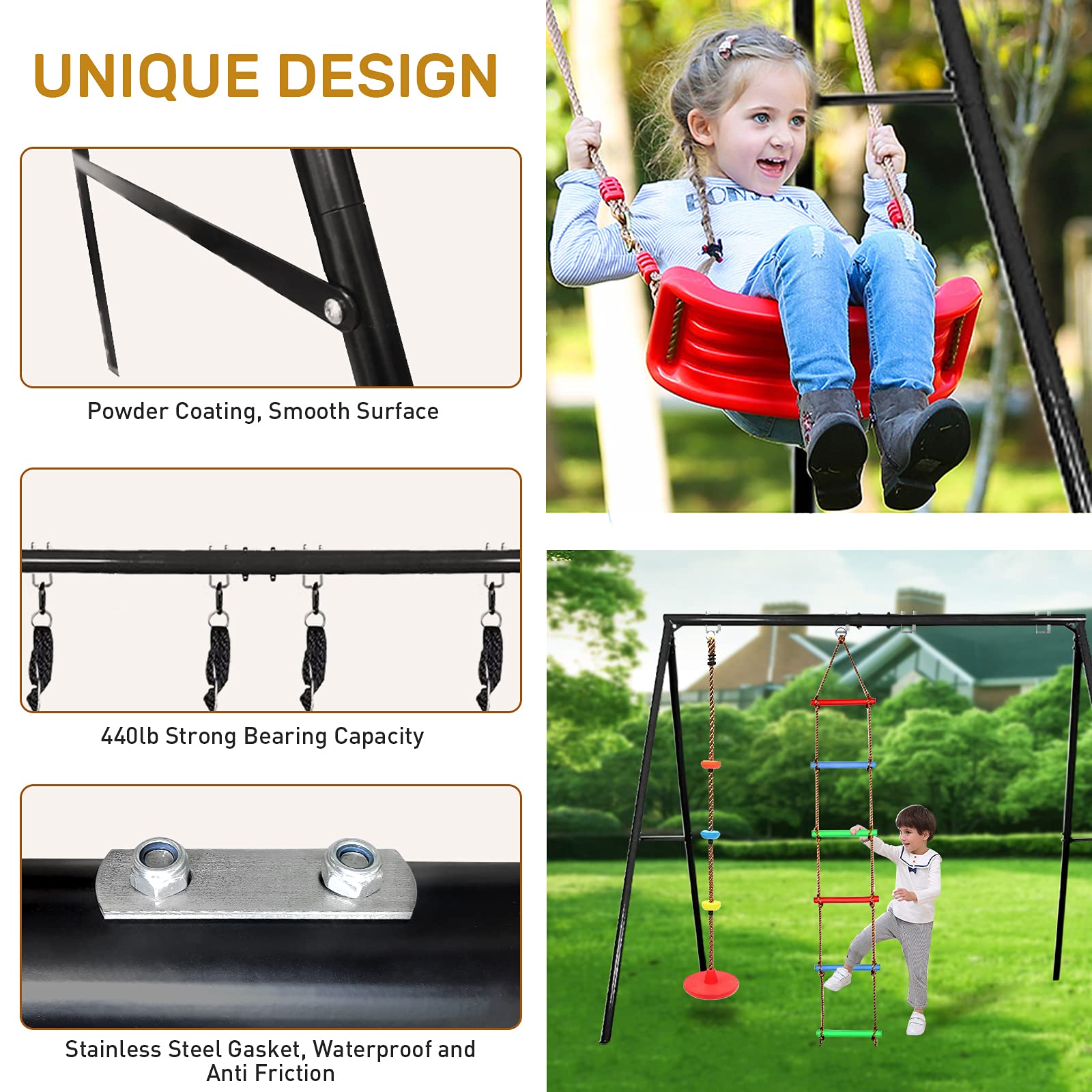 IKARE Heavy Duty Extra-Large Metal Swing Stand for Kids & Adults - 400lb Capacity, Fits Porch Swings - Indoor/Outdoor Backyard, Garden & Patio Use - Includes Ground Stakes for Stability