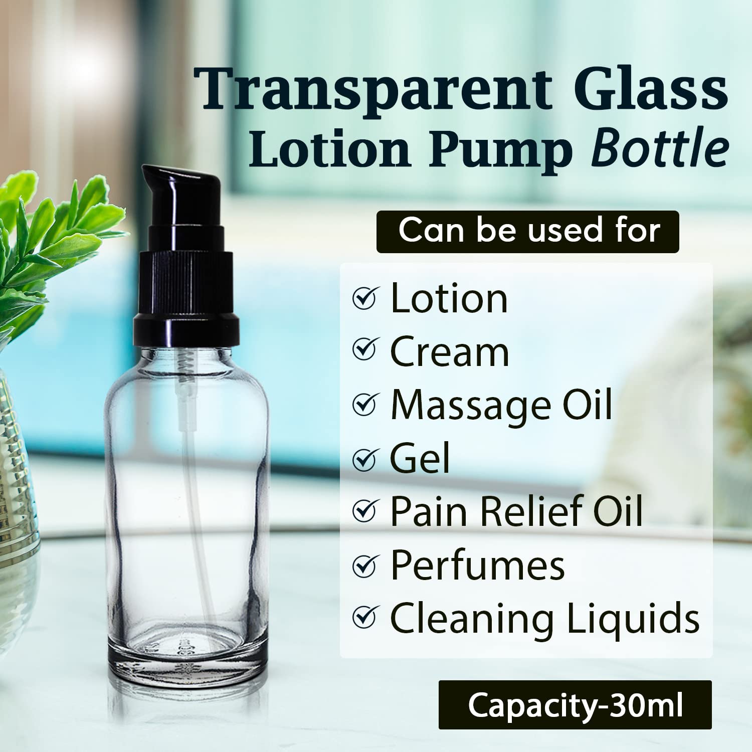 30ml Clear Glass Bottle with Pump for Essential Oils & Skincare - Pack of 12