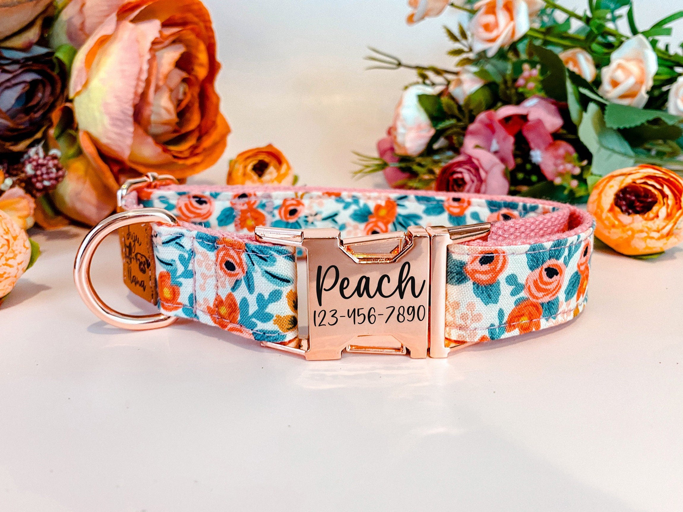 Rifle Paper Co Engraved Buckle Dog Collar - Rosa Peach Floral Design for Small Medium Large Dogs - Perfect for Daily Walks, Training, and Stylish Pet Fashion