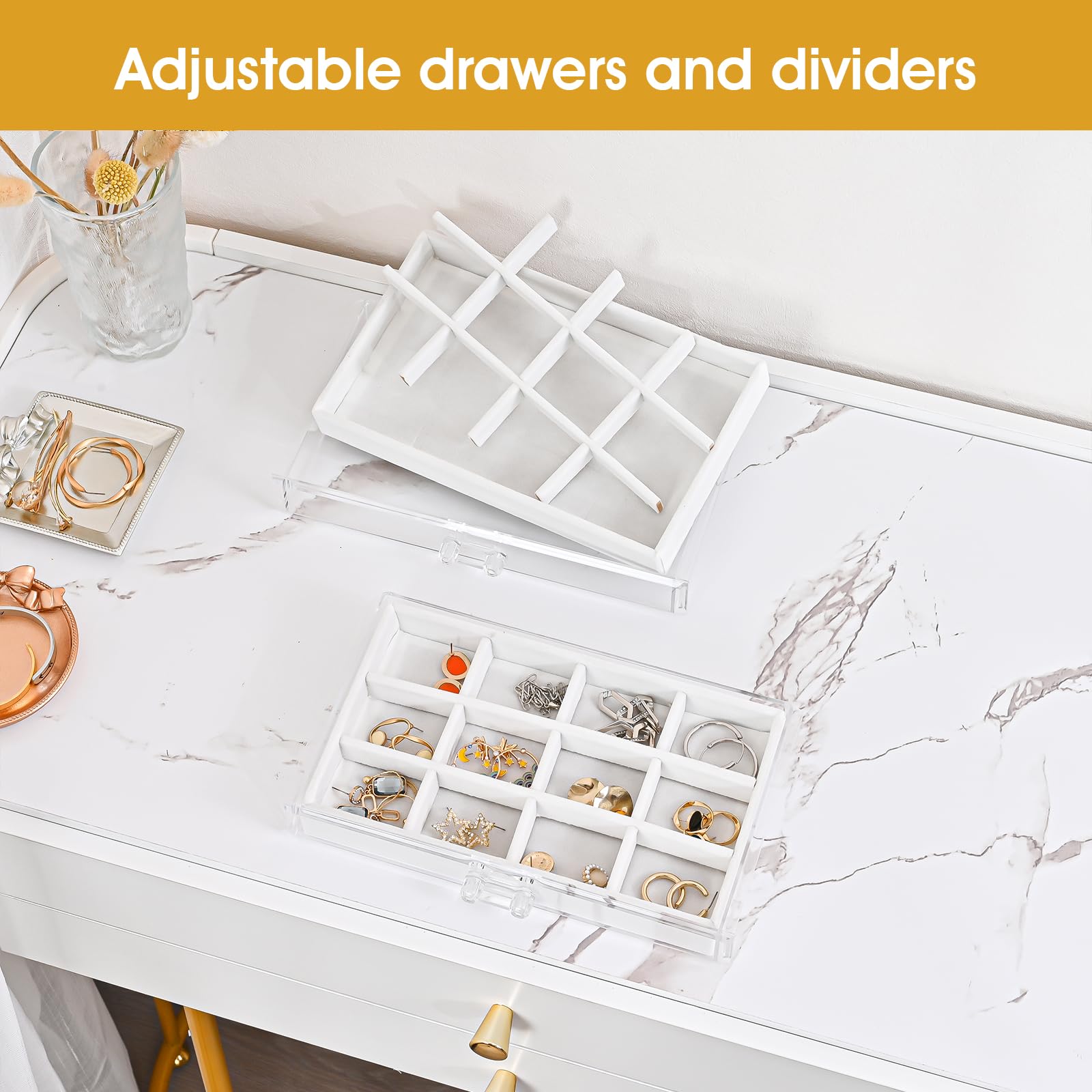 ProCase Acrylic 3-Drawer Jewelry Box with Adjustable Velvet Trays - Clear Earring Holder Organizer for Women, Warm White | Perfect for Bedroom Vanity, Travel & Gift Giving