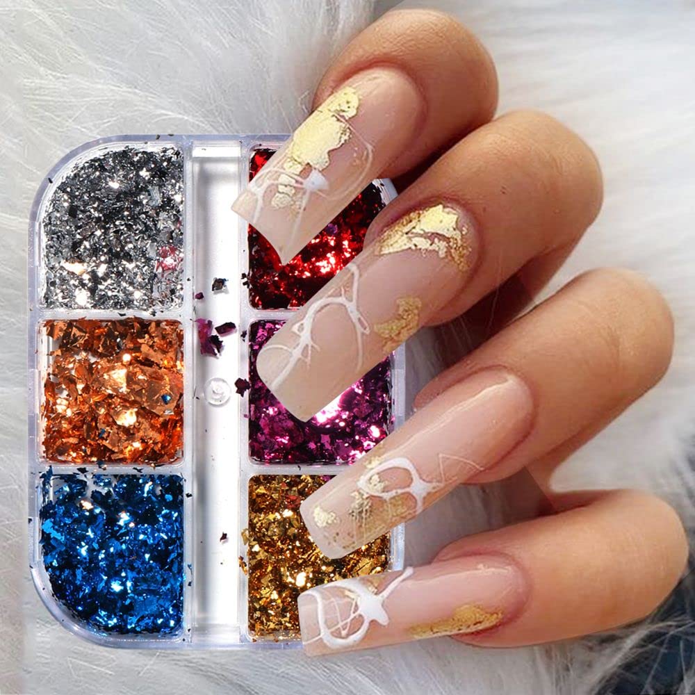 6 Grids DIY Manicure Irregular Mirror Sparkly Nail Sequins & Foils - Luxury Nail Glitter Flakes for Acrylic Nails, Gel Polish, Nail Art Designs & Home Salon Decor