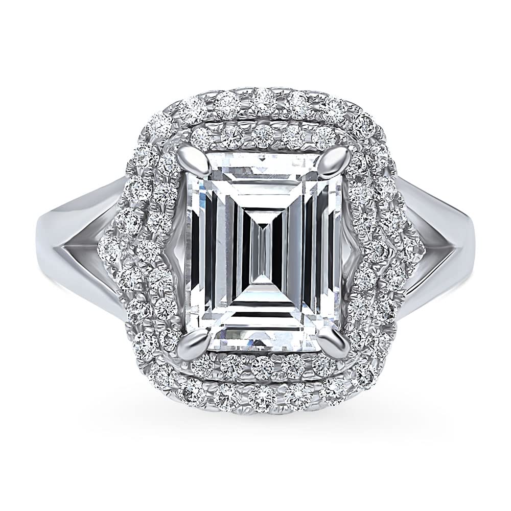 BERRICLE Sterling Silver Halo Wedding Engagement Ring for Women - Step Emerald Cut Cubic Zirconia CZ Statement Cocktail Split Shank Ring, Rhodium Plated Size 4-10 | Perfect for Proposals, Anniversaries, Date Nights & Special Occasions