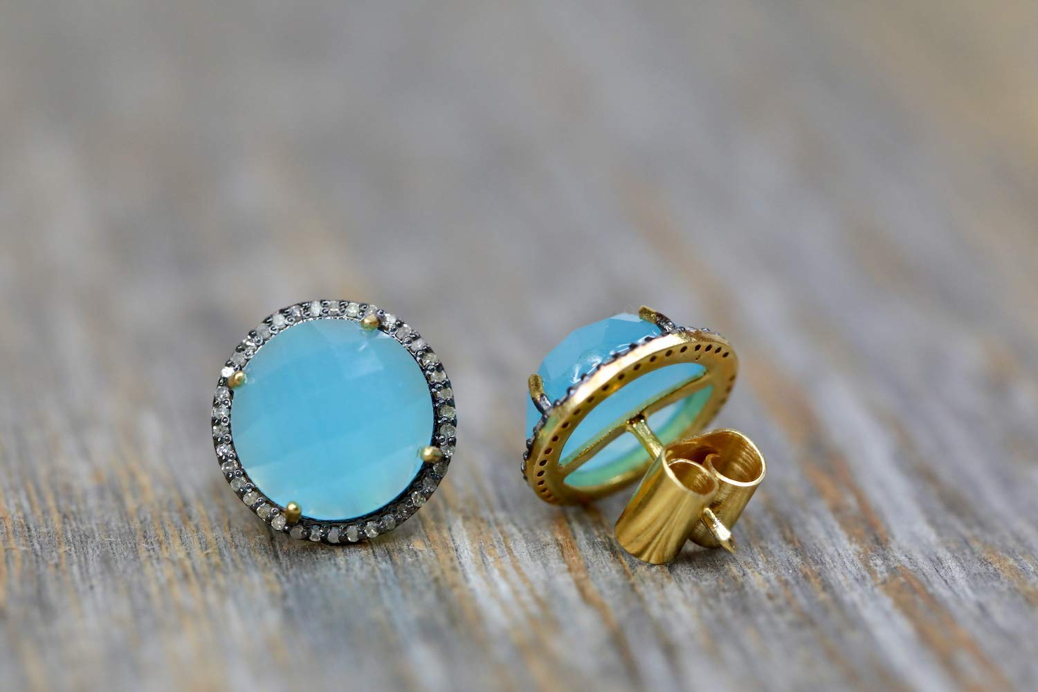 Large Aqua Blue Chalcedony Pave Diamond Stud Earrings - March Birthstone Jewelry for Women | Perfect Birthday Gift, Anniversary Present & Everyday Elegant Accessory