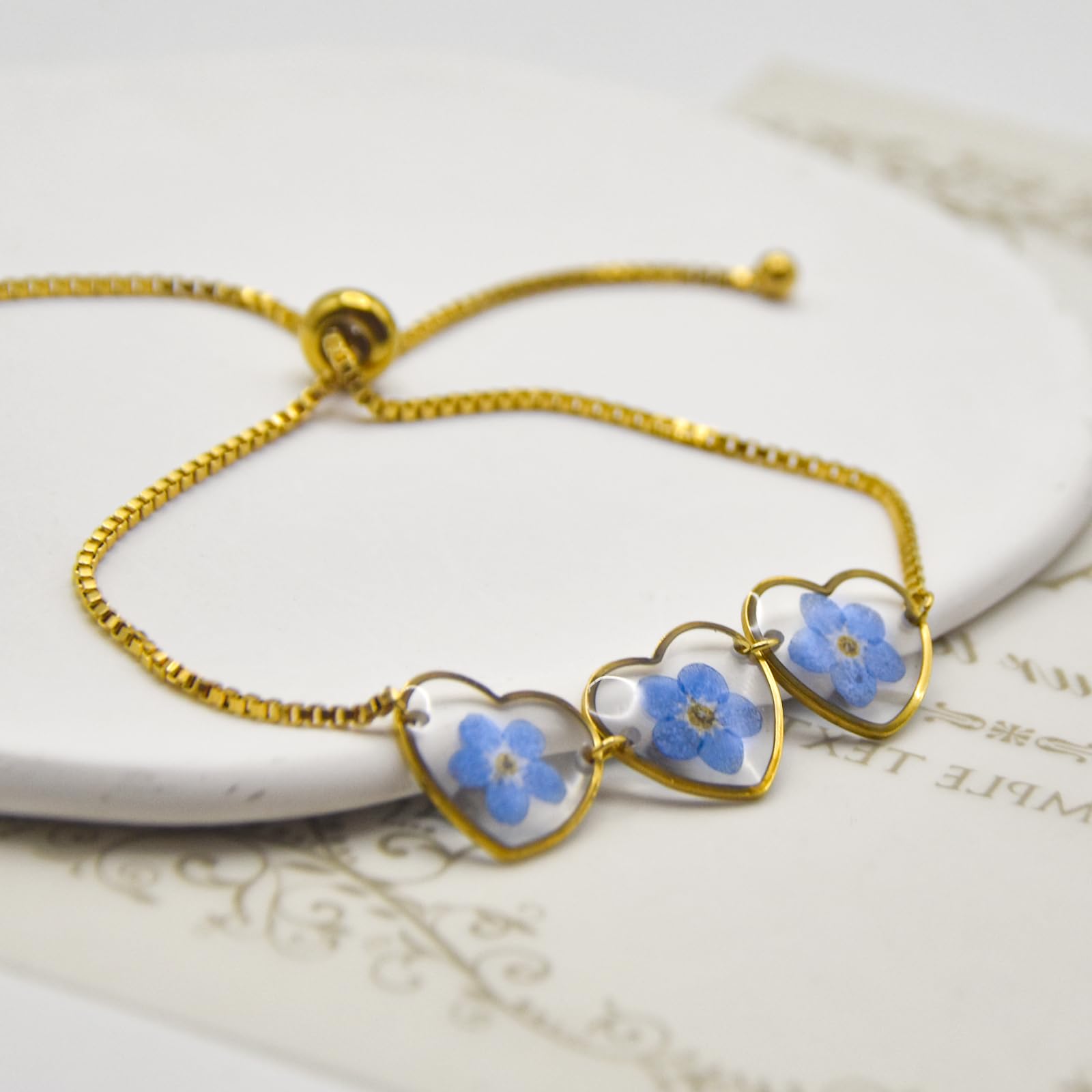 Pressed Flower Bracelet - Handmade Forget-Me-Not Wildflower Jewelry for Women, Personalized Gold Floral Bracelet with Heart Shape (Alaska State Flower) - Perfect Gift for Her, Birthday, Anniversary & Mother's Day Present