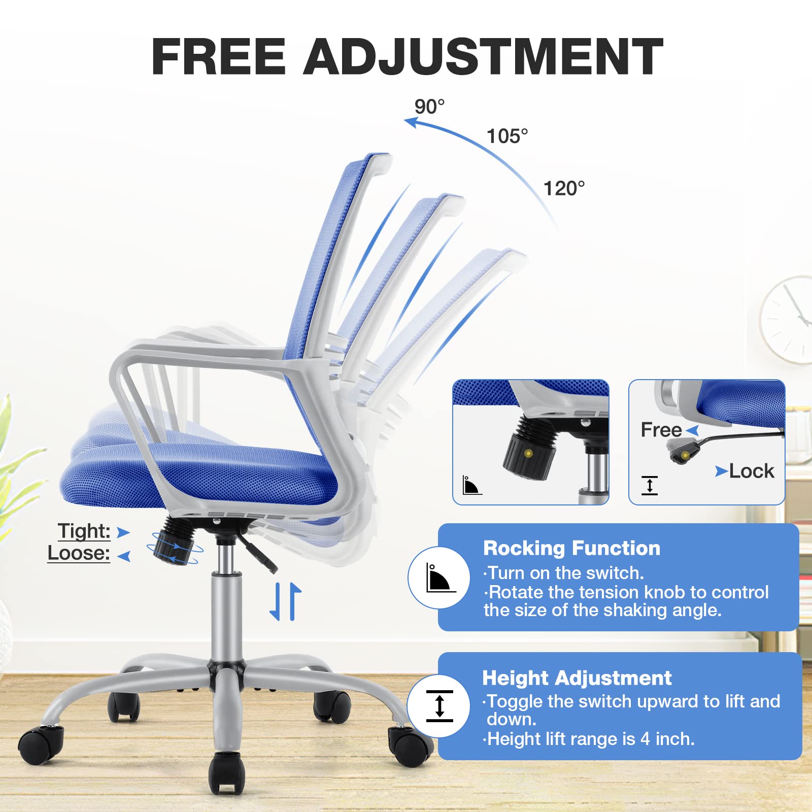 Ergonomic Office Chair with Lumbar Support - Adjustable Mid Back Desk Chair with Wheels & Armrests for Home Office, Computer Work, and Gaming - Comfortable Blue Task Chair for Adults