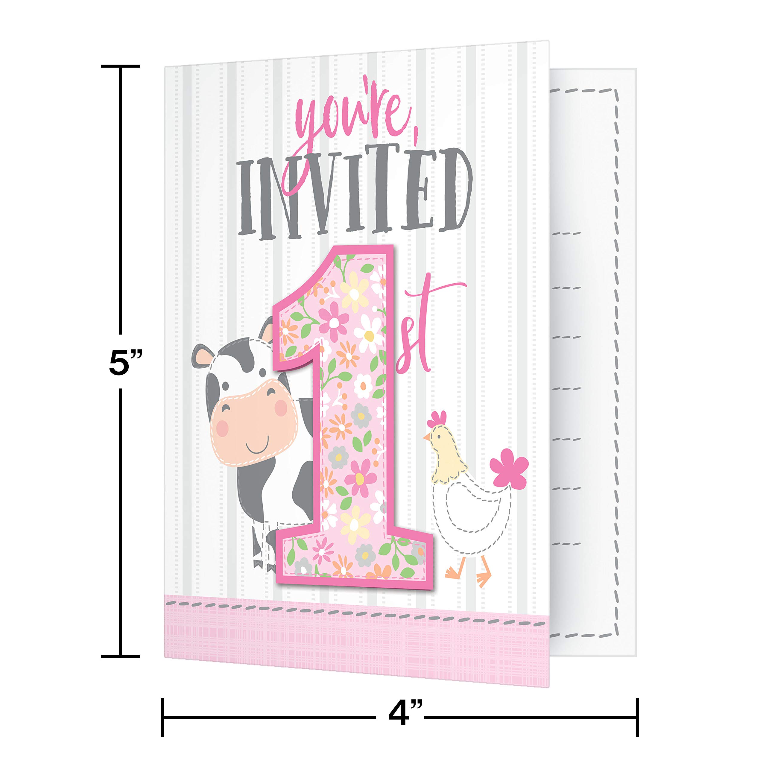Creative Converting 340137 Barn Animals 1st Birthday Pink Invitation Card Foldover - Perfect for Baby's First Birthday Party, Baby Shower, Farm Theme Celebration (12 Pack)