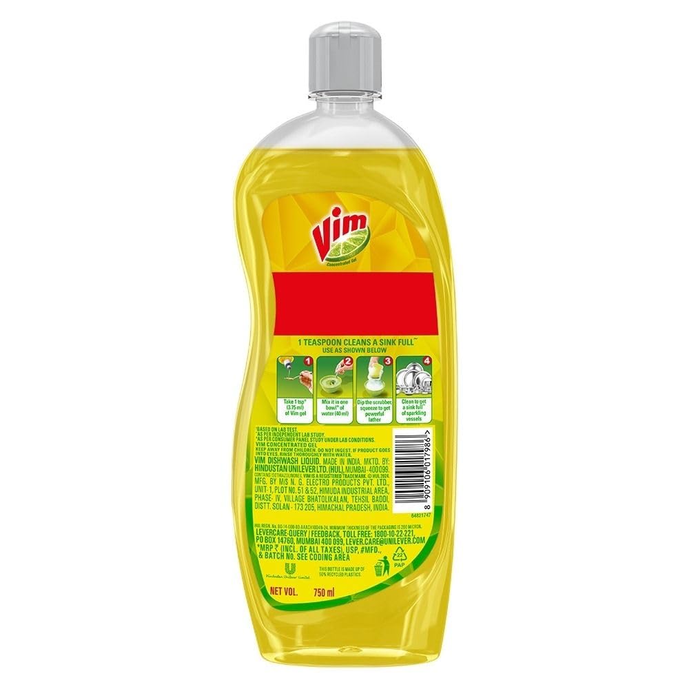 Vim Dishwashing Liquid Gel Lemon Scent - 750ml Bottle | Powerful Grease Cleaner for All Utensils | Leaves No Residue | Perfect for Kitchen, Dishes & Cookware