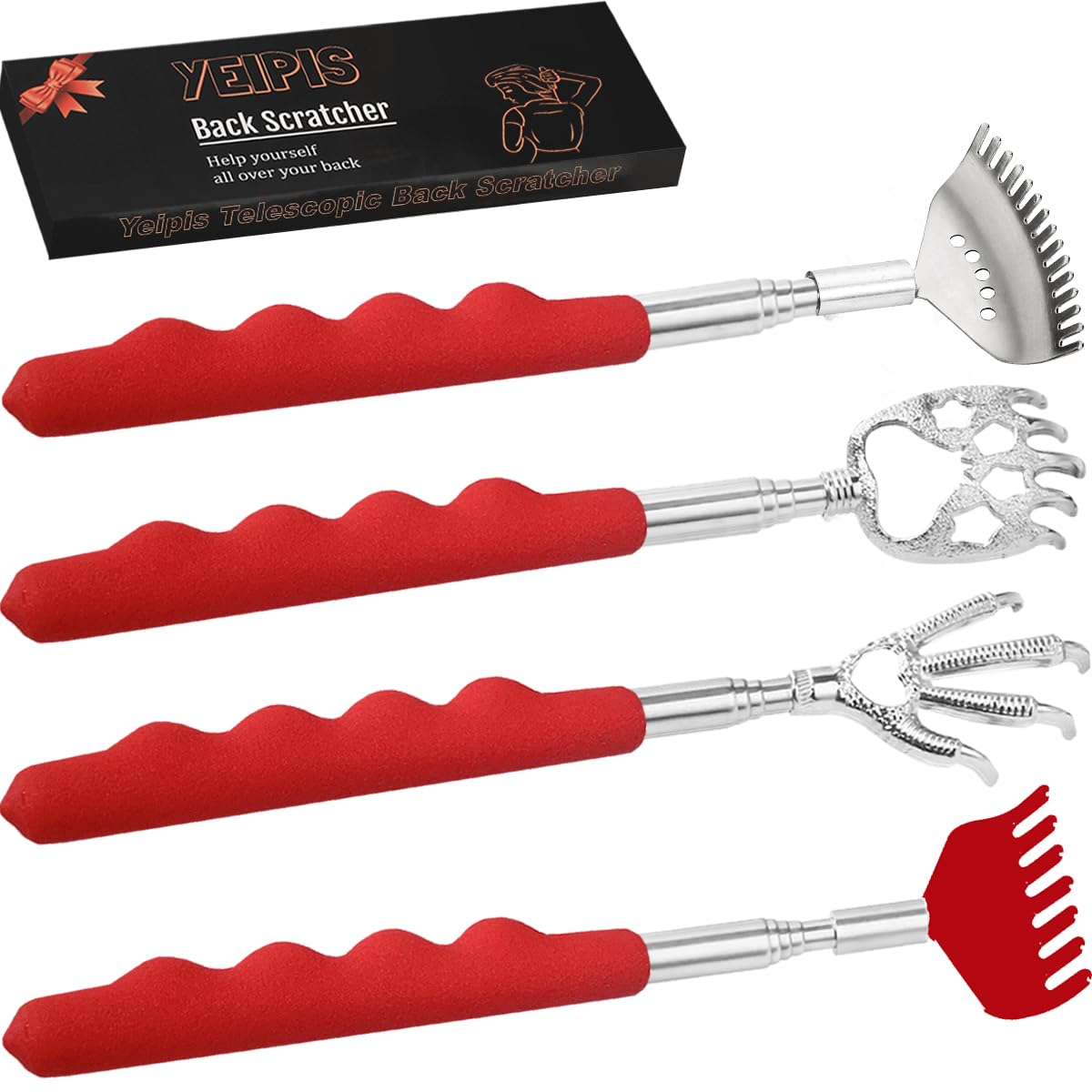 4 Pack Extendable Back Scratcher & Massager Tool - Telescoping Metal Back Scratcher with Beautiful Gift Box, Perfect for Men & Women - Ideal for Travel, Office, Home Use & Stocking Stuffers (Red)
