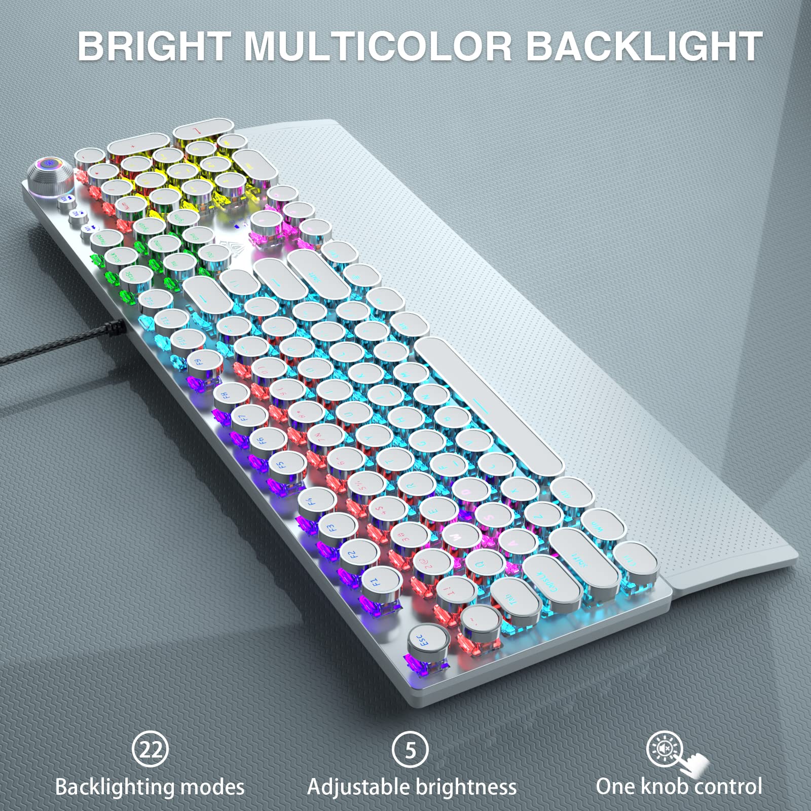 AULA F2088 Retro Mechanical Gaming Keyboard - Blue Switches, Removable Wrist Rest, RGB Backlit, Round Keycaps, 108 Keys Wired USB (White) - Perfect for Typing, Gaming & Office Work