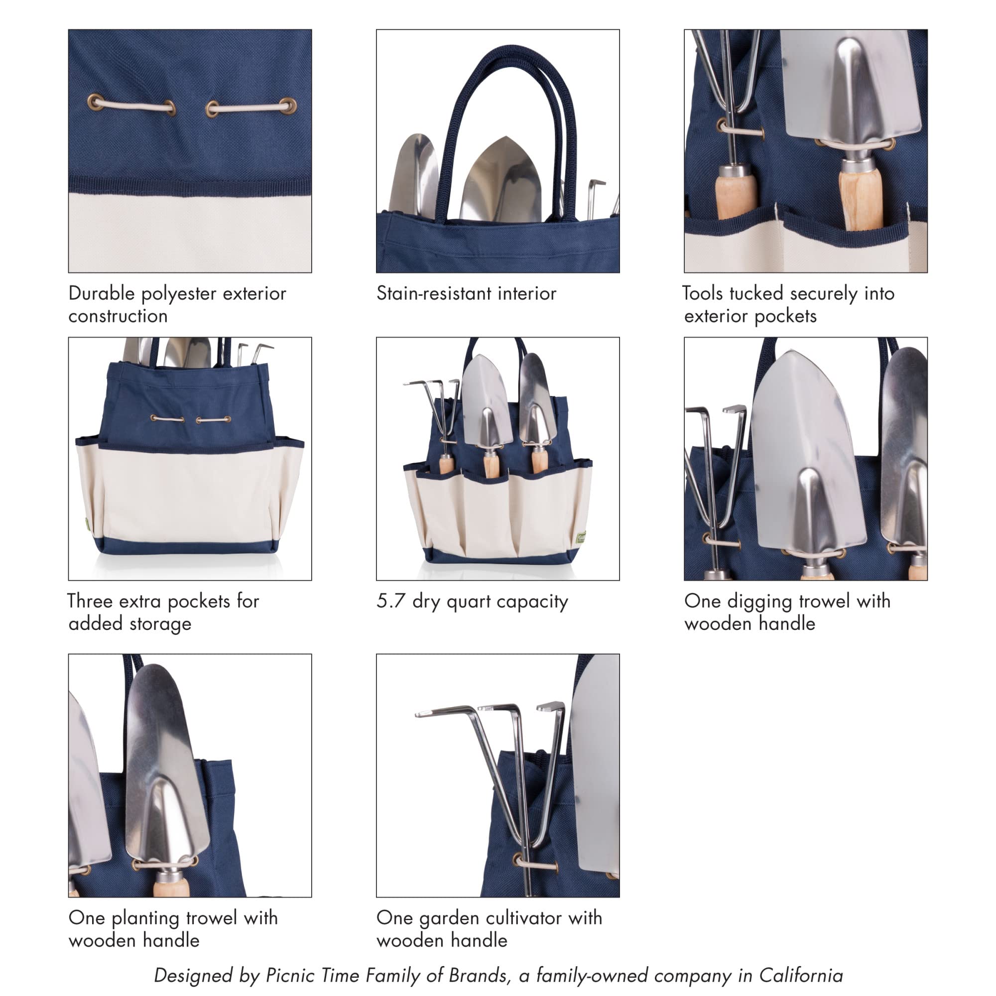 PICNIC TIME Garden Tool Organizer Bag with Tool Set - Heavy Duty Gardening Storage for Women & Men - Navy Blue with Beige Accents - Perfect for Outdoor Planting, Weeding & Yard Work