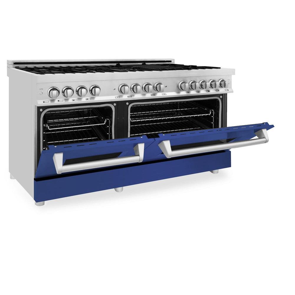 ZLINE 60-Inch 7.4 cu.ft Dual Fuel Range with 9-Burner Gas Cooktop & 2 Electric Convection Ovens - Stainless Steel with Blue Matte Doors (RA BM 60) | Professional Kitchen Appliance for Home Chefs & Cooking Enthusiasts