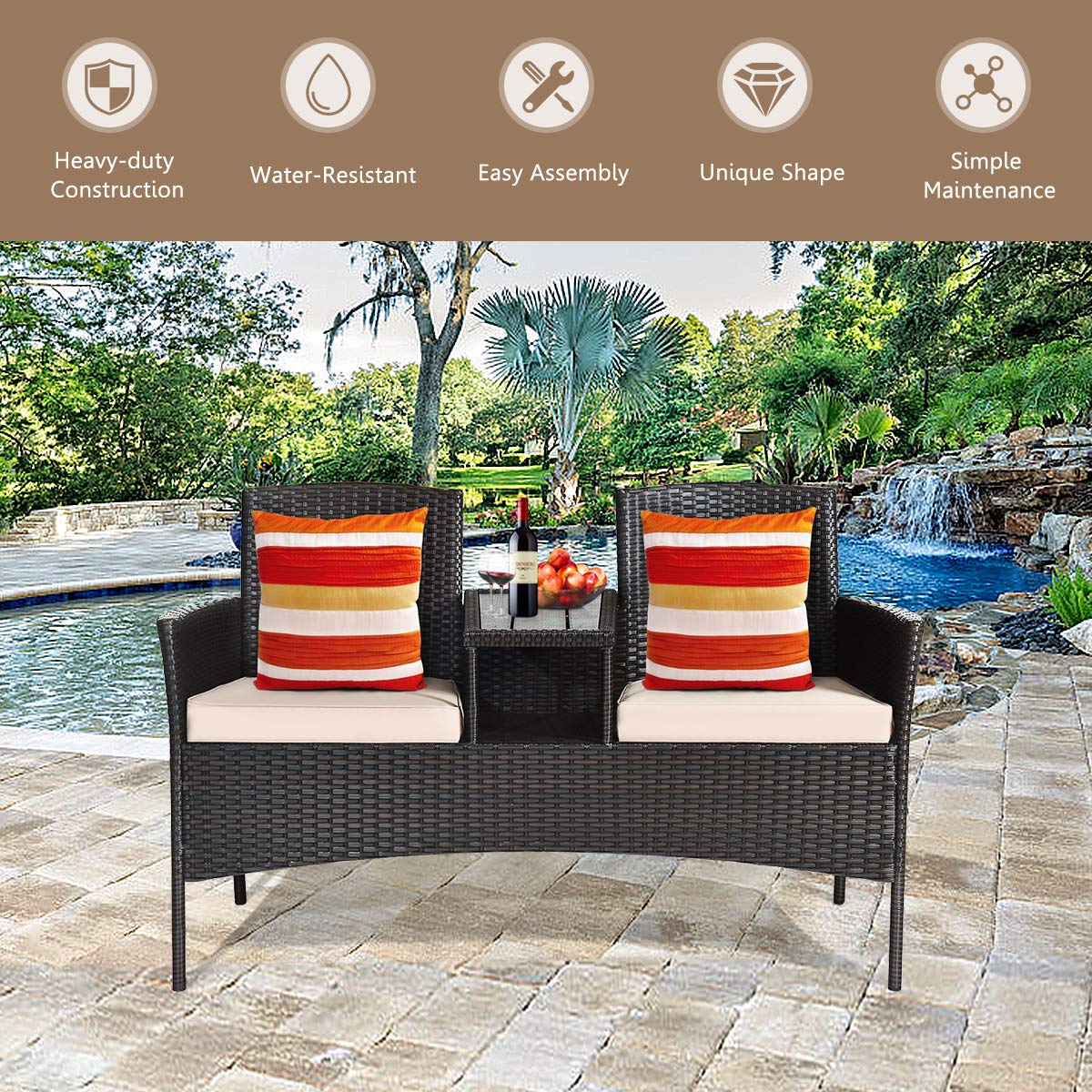 **HAPPYGRILL Outdoor Loveseat with Removable Cushions & Coffee Table - Rattan Patio Wicker Conversation Set for Garden, Lawn, Backyard - Perfect for Relaxing, Entertaining, and Outdoor Gatherings**
