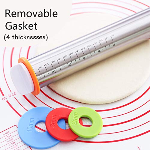 Stainless Steel Rolling Pin with Spacer, 4 Adjustable Discs & Guide, Non-Stick, Silicone Baking Mat for Bread, Cakes, Pasta & Pastry Dough – Perfect for Home Baking, Pizza Making & Cookie Preparation