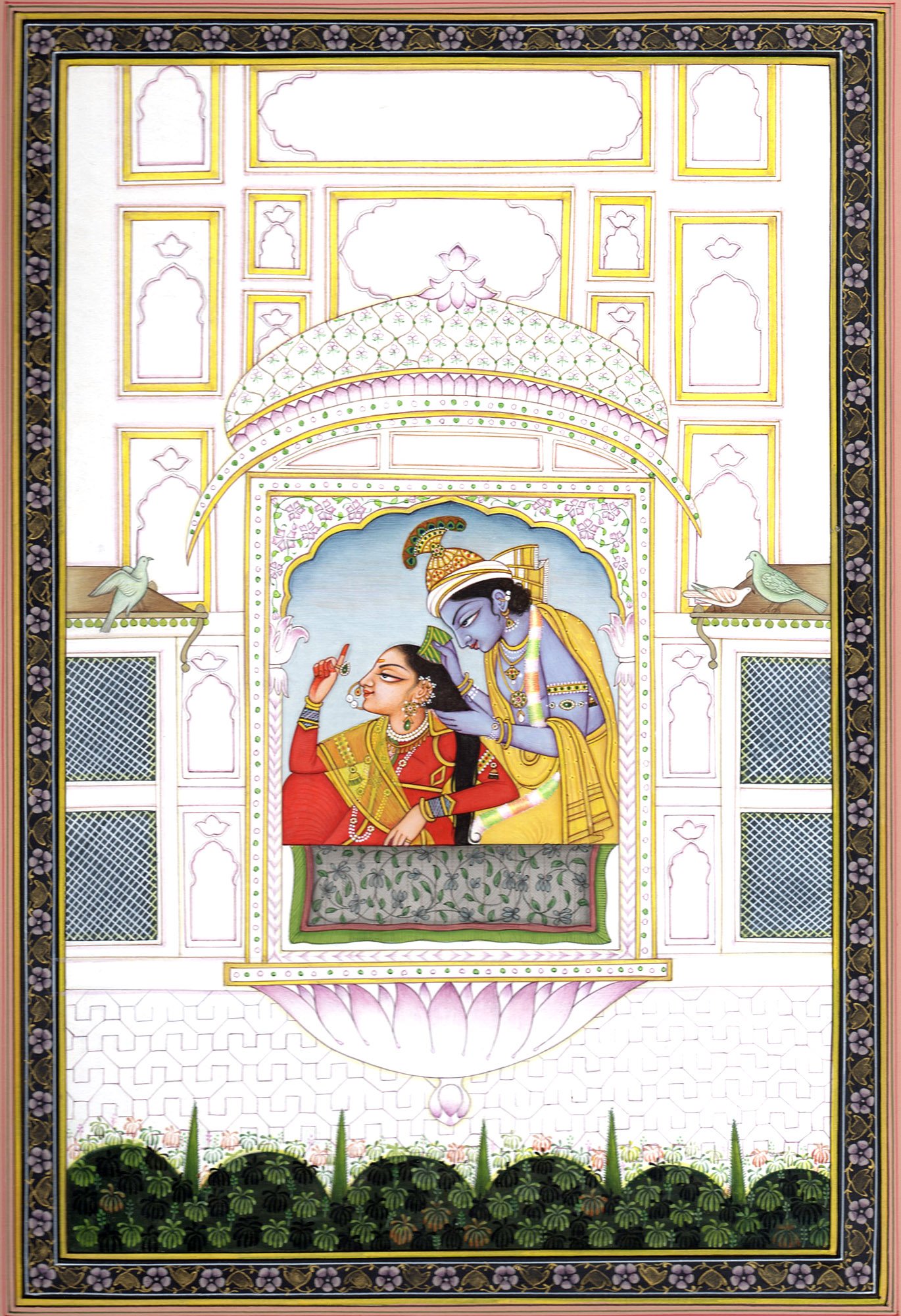Krishna Combing Radha's Hair - Handmade Watercolor Painting on Paper by Artist Kailash Raj - Perfect for Home Decor, Indian Art Collection & Spiritual Gift