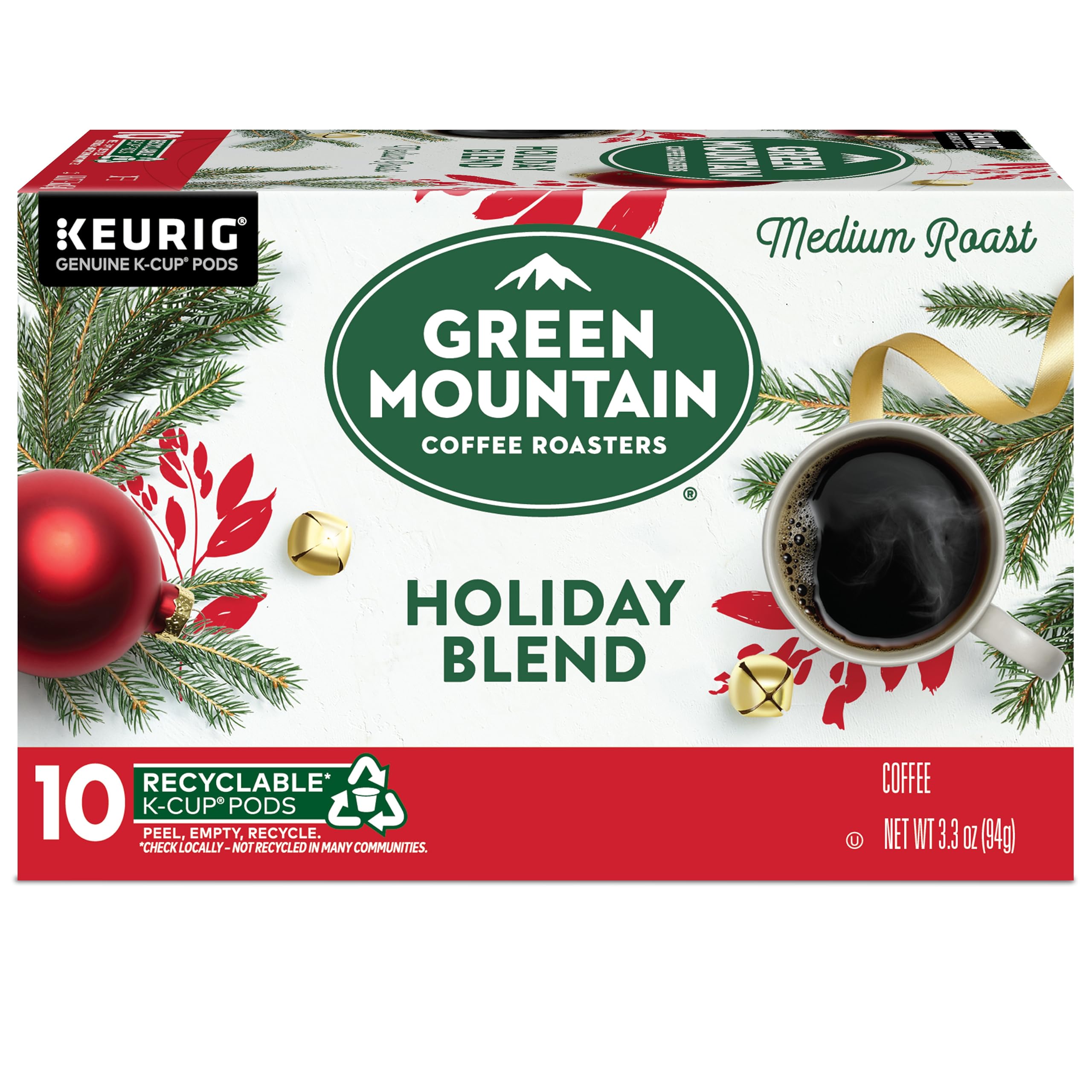 Green Mountain Coffee Roasters Holiday Blend K-Cups - 10 Count Single Serve Coffee Pods for Keurig Brewers - Perfect for Christmas Morning & Winter Gatherings