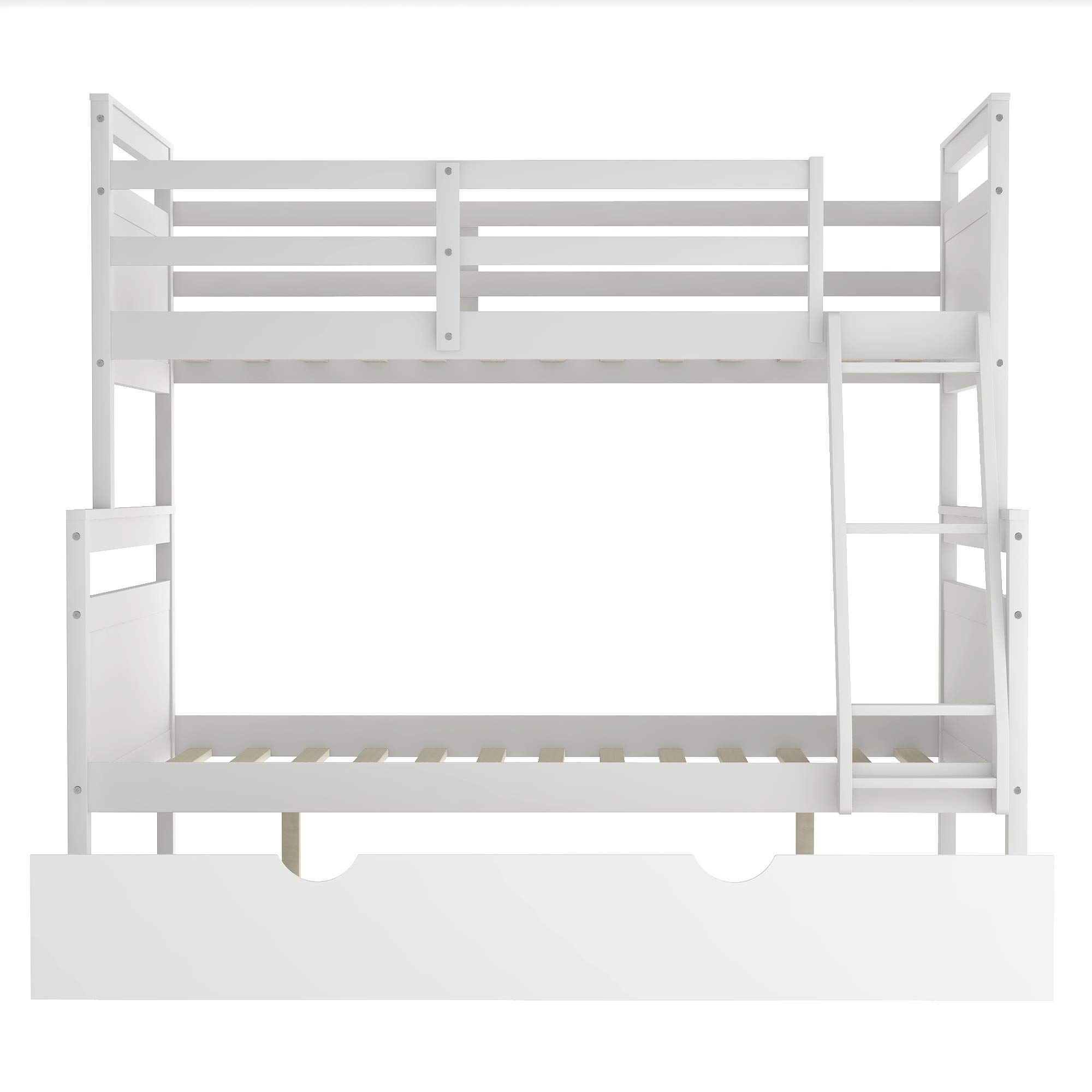 SOFTSEA Twin Over Full Bunk Bed with Trundle - Solid Wood Convertible Bunk Bed Frame with Ladder & Safety Guardrails for Kids - Transforms to 2 Separate Beds or Loft Bed - Perfect for Small Bedrooms, Guest Rooms & Kids' Shared Spaces (White)