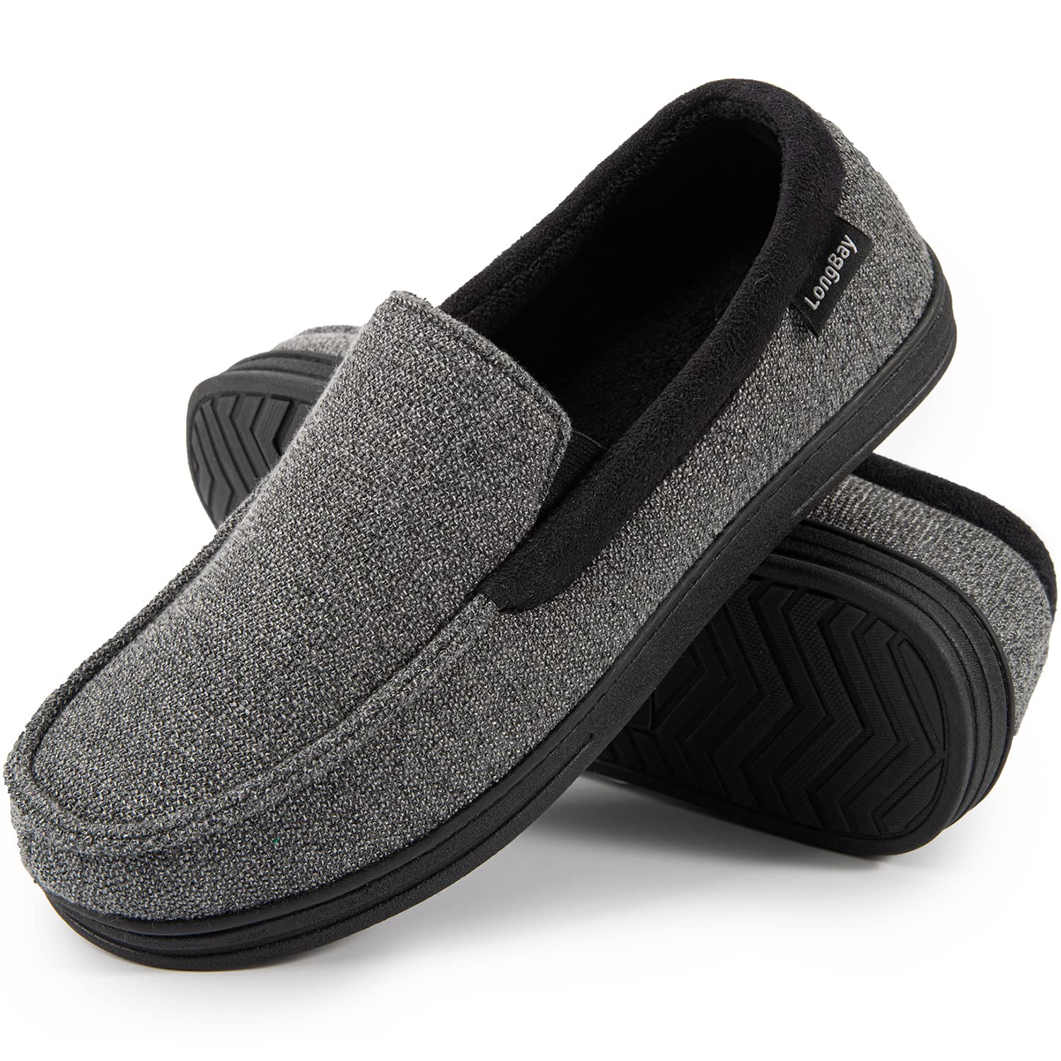 LongBay Men's Cozy Moccasin Slippers - Memory Foam House Shoes with Non-Slip Rubber Sole for Indoor/Outdoor Wear - Perfect for Home, Office & Travel Comfort